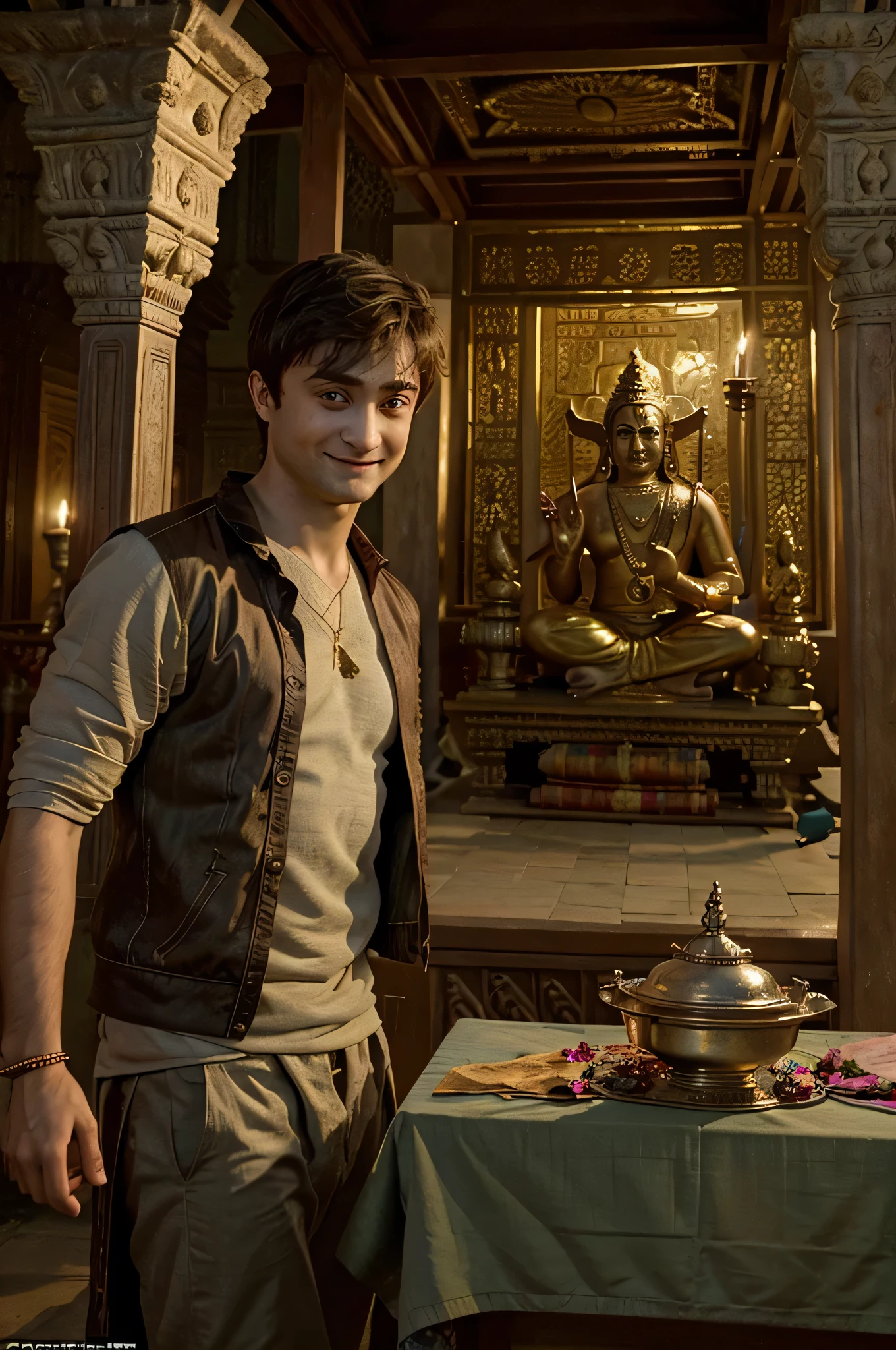 ((best quality)), ((masterpiece)), (detailed), perfect face Daniel Radcliffe worshipping the lord Krishna whom is Indian Hindu God in a temple which is ancient in India and he is wearing Indian ethnic ware and having flowers in his hand and offering to the Krishna both are visible in one frame and Hindu lord Krishna is blessing and smiling towards the Daniel Radcliffe,both are visible in one photo
