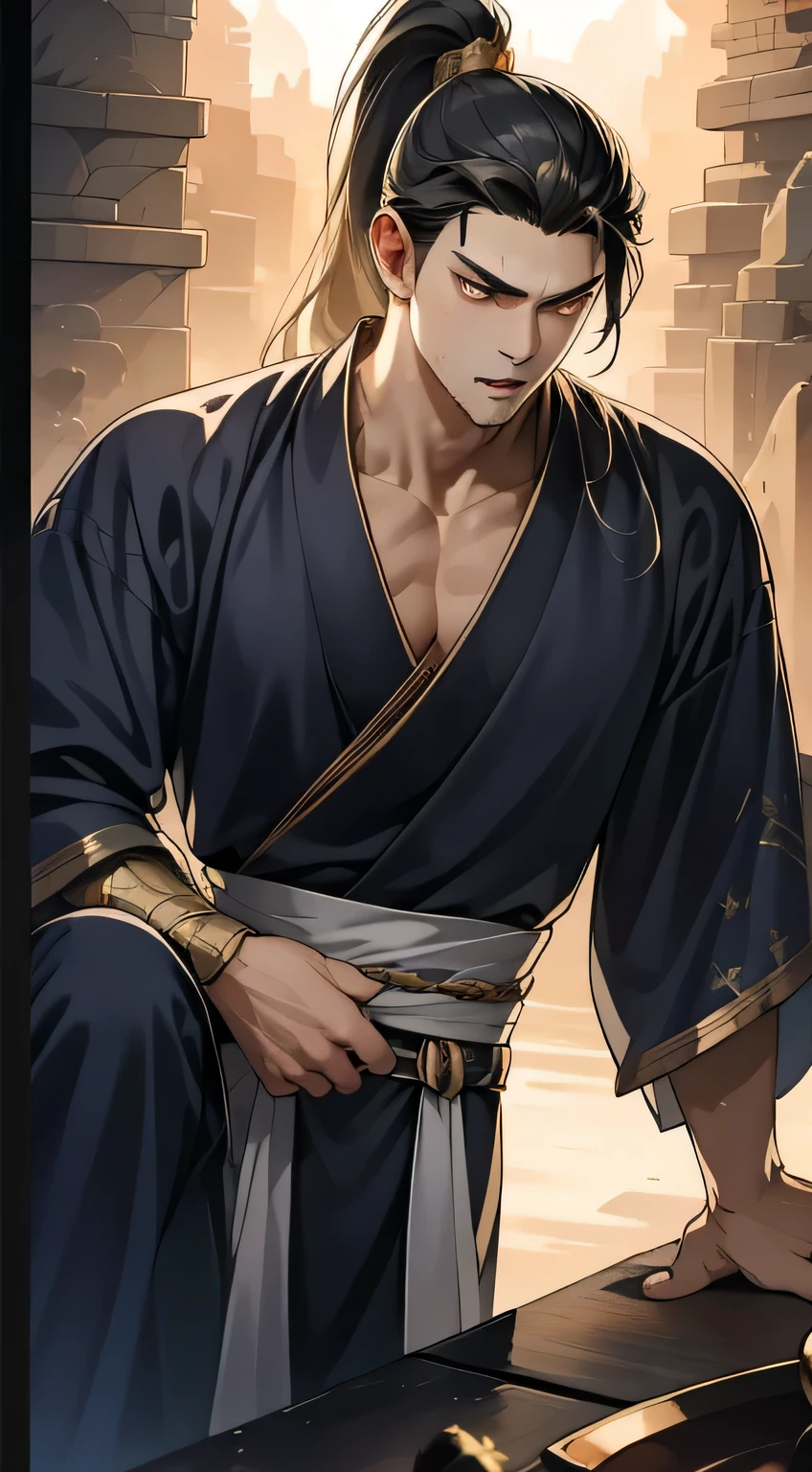 Two dimensions,anime style,proportions are correct,one person(male warrior),facial details,High ponytail hairstyle,neck details,Have an Adam's apple,black hanfu,joke,embroidered robe,black robe,Clothing details,transfer,long sleeve,Game quality,fencing,Ray tracing,Ray tracing,Detailed glow,CG rendering,Hair details,long black hair,black eyes,Handsome,Handsome,(Youthful feeling),Costumes are complicated,Perfect composition,refine,high quality,higher detail,many details,Complex background,a sense of atmosphere,