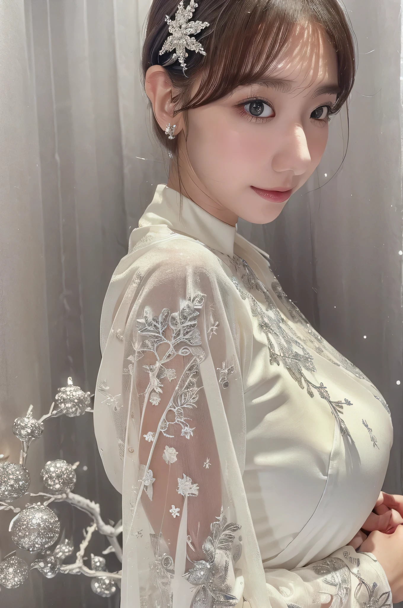 ((high quality)),table top,(Detailed depiction of local details:1.2),1 girl,big and full breasts、cleavYear of the breast,closed mouth,eyelash,looking at the viewer,portrait,alone,upper body close-up、portrait,gray hair,whiteme,(master piece, 8K, 最high quality, High resolution, Super detailed, ultra realistic realism),white, A world covered in silver, branches covered with snow, cold winter feel, snowflakes dance like elves, Turn the world into a silver fairy tale, cold, Quiet and beautiful snow scene, comfortable and calm, Bright colors, full body, Princess, 1 girl, 25Year, , gray hair, short hair,(artistic pose),
