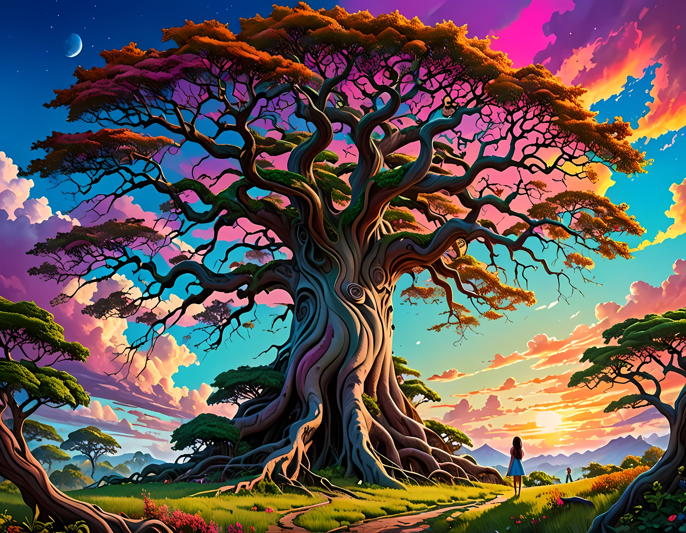 A surreal, dreamlike scene where a gigantic tree stands tall against a vibrant and colorful sky, its thick, gnarled branches reaching out in all directions. This tree apart is the fact that its branches are laden with young girls, hundreds of them, clinging to the branches, their bodies merging seamlessly with the tree itself., detailed face, detailed skin, detailed texture, detailed environment,UHD