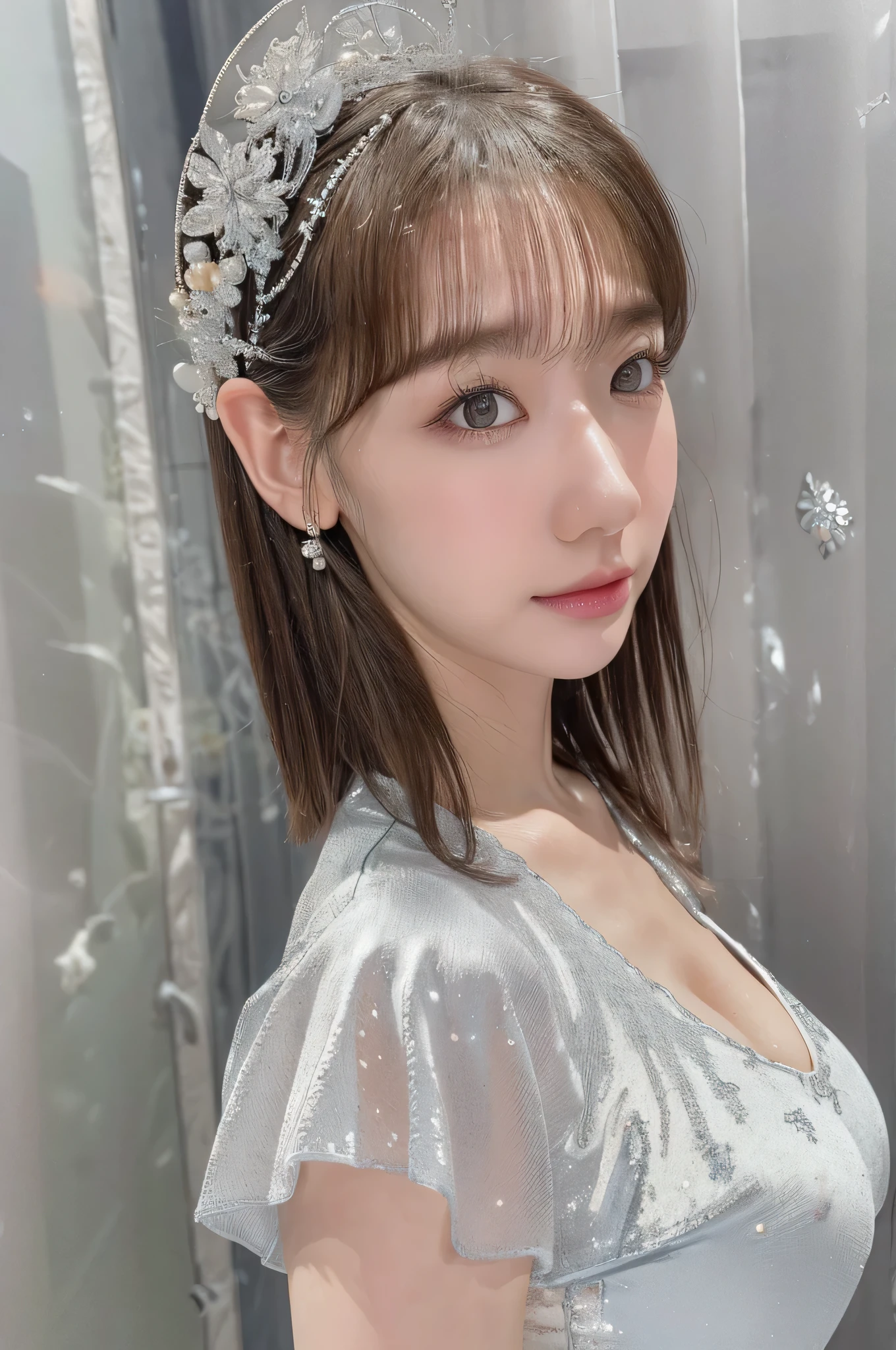 ((high quality)),table top,(Detailed depiction of local details:1.2),1 girl,big and full breasts、cleavYear of the breast,closed mouth,eyelash,looking at the viewer,portrait,alone,upper body close-up、portrait,gray hair,whiteme,(master piece, 8K, 最high quality, High resolution, Super detailed, ultra realistic realism),white, A world covered in silver, branches covered with snow, cold winter feel, snowflakes dance like elves, Turn the world into a silver fairy tale, cold, Quiet and beautiful snow scene, comfortable and calm, Bright colors, full body, Princess, 1 girl, 25Year, baby face, gray hair, short hair,(artistic pose),