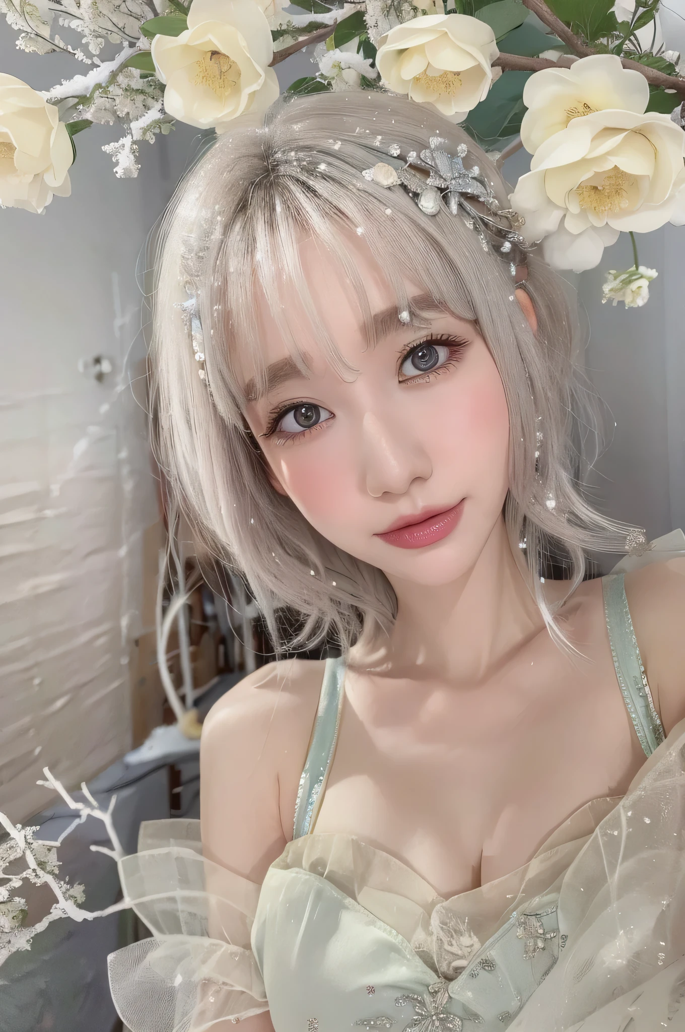 ((high quality)),table top,(Detailed depiction of local details:1.2),1 girl,big and full breasts、cleavYear of the breast,closed mouth,eyelash,looking at the viewer,portrait,alone,upper body close-up、portrait,gray hair,whiteme,(master piece, 8K, 最high quality, High resolution, Super detailed, ultra realistic realism),white, A world covered in silver, branches covered with snow, cold winter feel, snowflakes dance like elves, Turn the world into a silver fairy tale, cold, Quiet and beautiful snow scene, comfortable and calm, Bright colors, full body, Princess, 1 girl, 25Year, , gray hair, short hair,(artistic pose),