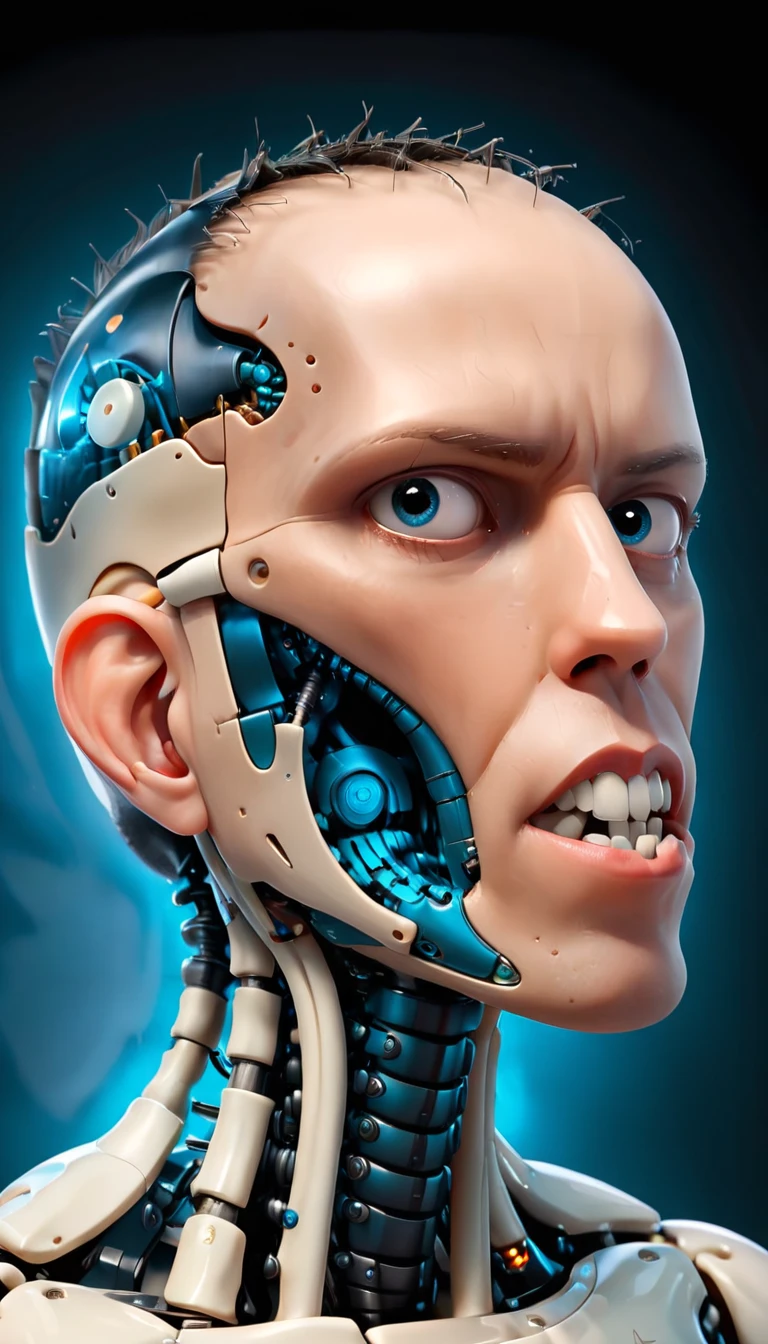 coopie, (Complex Professional 3D rendering:1.3) of (Ultra detailed:1.3) side profile, xray diagram deconstruction of a cyborg brain to machine interface, Highly detailed, Depth, Many parts, Lumen render, 8k x-ray style translucent bald head, clear skin, synthetic bone, blue Xray style on a pure black background,CGSociety,ArtStation