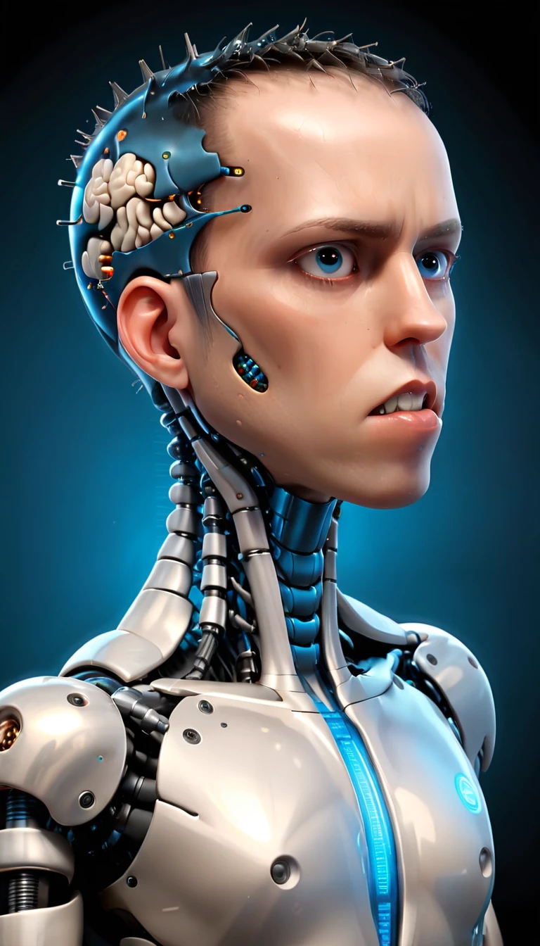 coopie, (Complex Professional 3D rendering:1.3) of (Ultra detailed:1.3) side profile, xray diagram deconstruction of a cyborg brain to machine interface, Highly detailed, Depth, Many parts, Lumen render, 8k x-ray style translucent bald head, clear skin, synthetic bone, blue Xray style on a pure black background,CGSociety,ArtStation