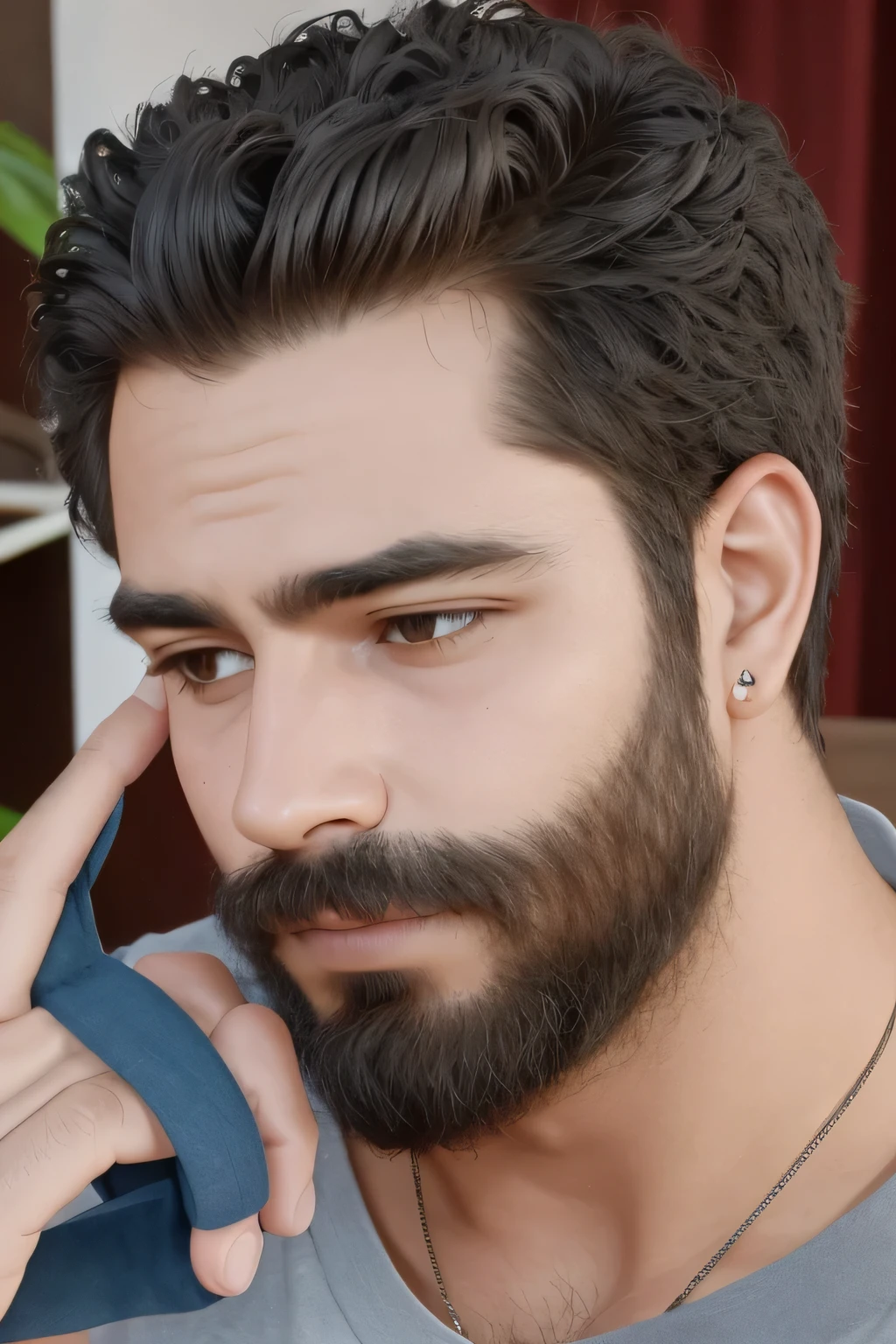 estilo realista, 32 year old young man, PELO NEGRO, tono de piel blanca, barba con cara suave