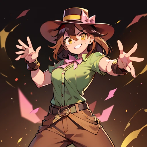 Women,muscular,elegant,brown hair, yellow eyes,Green top hat,manos de luchadora,solo,sonrisa rabiosa,brown pants,Button-up shirt,fighting pose,Open hands towards the viewer ,Belt at the waist ,Mole on the face,Pink ribbon on the hat 