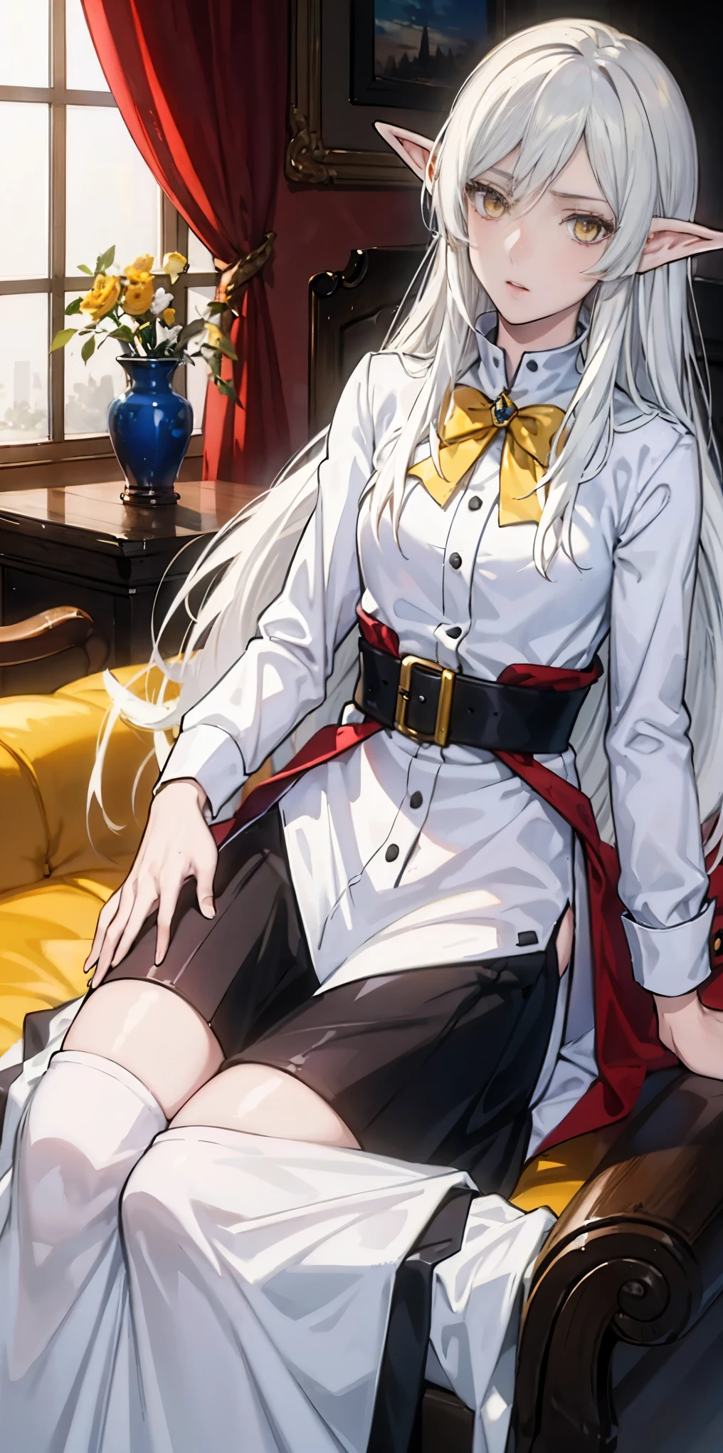 masterpiece, best quality, high quality,Erwin,elf,long hair, white hair, yellow eyes