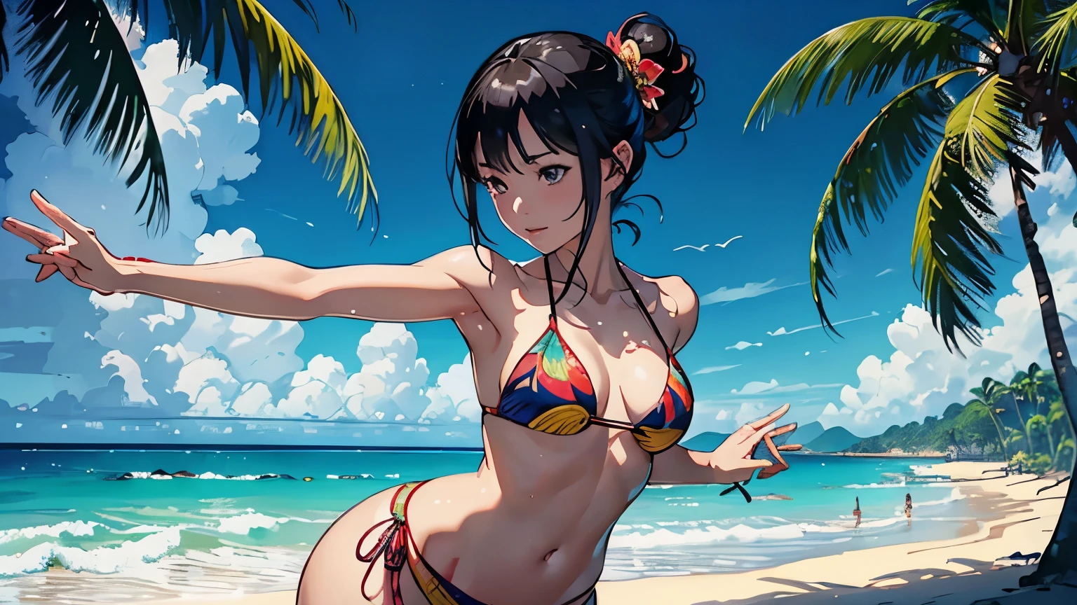[ 4K digital art ]、((highest quality, masterpiece, High resolution))、((anime art))、 ((reality))、beautiful japanese woman、((two women))、18-year-old、((dance、Dynamic limb movements))、(Detailed depiction of a beautiful face)、smile gently、small breasts、slim body shape、medium short hair、semi-long、bun hair、Wet see-through bikini、(Wrap your waist in fabric with bold ethnic patterns and plenty of primary colors.)、realistic skin、Wet、full body、No zoom、No close-ups、(Beautiful tropical beach landscape photography)、cinematic light、tropical、(flowers on the beach)、Against the background of palm trees、on a sunny beach、With the sea in the background、squall、rainbow、blur background、