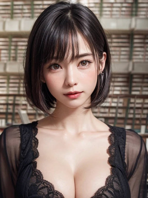(masterpiece, highest quality),1 girl, alone, ((one piece)), ((crying bokuro)), realistic, realistic, looking at the viewer, light colored black eyes, Brunette short bob hair with highly detailed shiny hair, short hair:1.8、Winter clothes, Whity, lips, bangs, outdoor, closed mouth, Upper body、Big eyes、eyelash、((Library:1.8))、(((bangsのあるshort hair、Big eyes、big and full breasts、look at the audience、beautiful beauty、show me your ears、long neck、smile