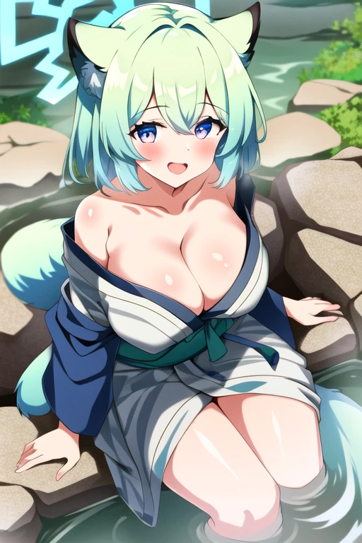 mayoi shigure, 1girl, solo, looking at viewer, blush, smile, open mouth, bangs, simple background, animal ears, cleavage, huge breasts, tail, japanese clothes, wide sleeves, pink eyes, official alternate costume, halo, obi, multicolored eyes, light green hair, yagasuri, grey kimono, bath yukata, weasel ears, background onsen, 