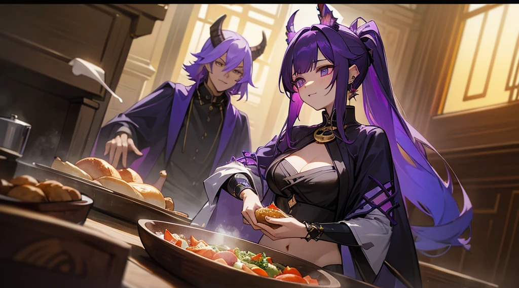 Inner color mesh purple、two tone hairstyle、Thunder properties、wizard、golden eyes、evil eye、My eyes are sparkling、horn、devil、ear piercing、midnight、bellflower flower、Dragon Tribe、witch、wing、belly button、mansion、Isekai Cafeteria、Western food、set meal、ingredients、Cooking with magic