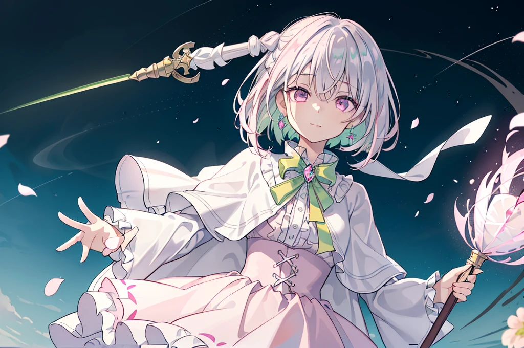 (best quality), (top-quality), (hight resolution), 8K images, (masterpiece), ((perfect face)), (detailed face), (detailed eyes), (clear lines), hair strand,Light skin, ((1girl)), (solo), beautiful fantasy anime, top rated on pixiv, ((short hair)), (expressive eyes), (perfect eyes), (((light_pink eyes))), perfect face, smiling, (white silver hair), (white hair), braided bangs, wind blowing hair, hair over eyes, earrings, {{{{{{{super flat chest}}}}}}}, {{{{{{{flat chest}}}}}}}, (flat chest), ((holding an magical ice scepter)), (aiming), (little silver tiara), (((lime green collar shirt))), (((lime green outfit))), ((cape)), (frilly outfit), (lolita style), (lolita fashion), (cherry blossom), (many crystals), vintage style, (broken crystals), (in a gemstone sea), (night sky with full of stars), (magic circles), game spash art, fantasy, modern art, cool light --ar 3:2, (wide shot), excited pose