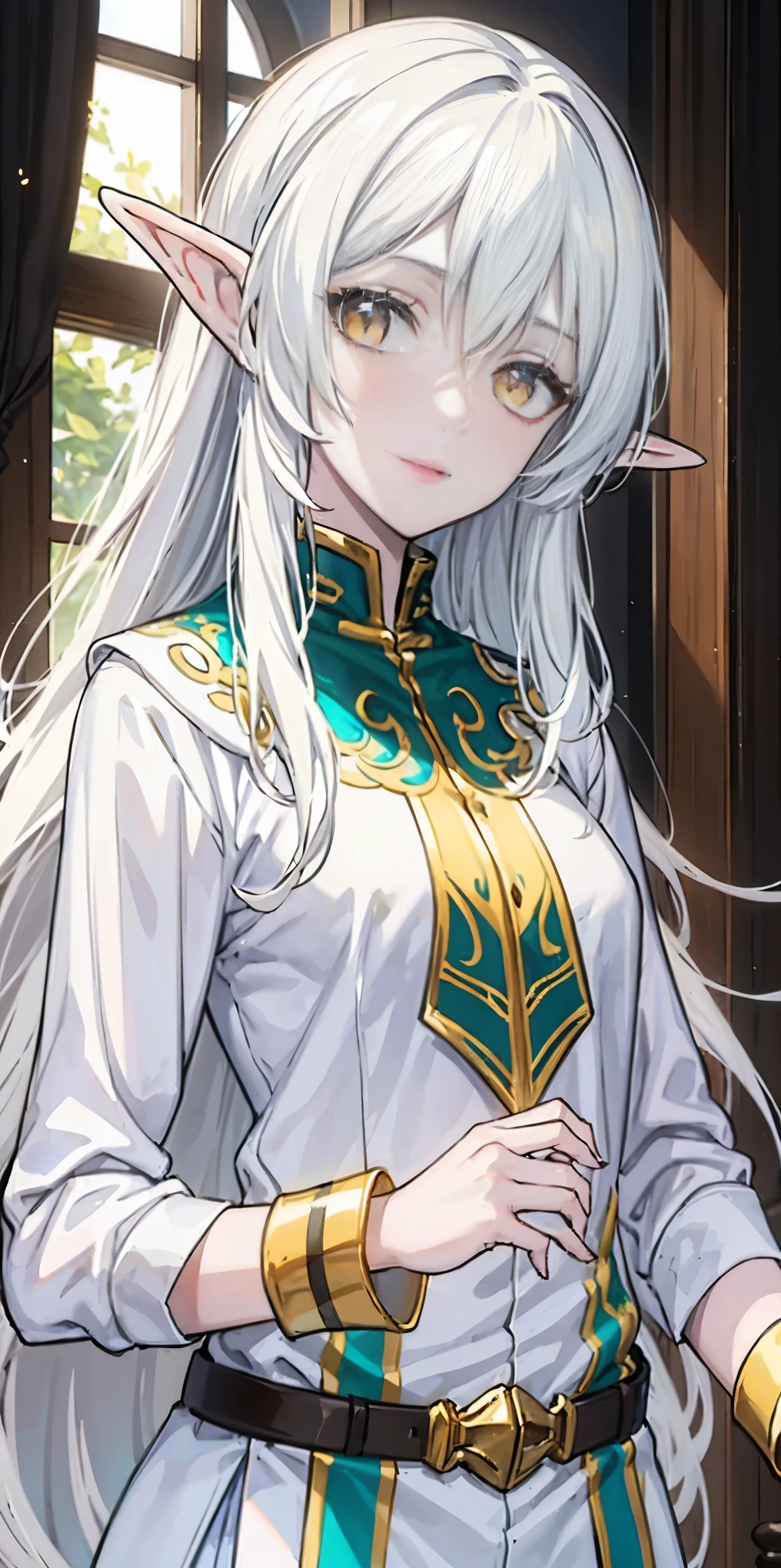 masterpiece, best quality, high quality, WHITE SKIN elf, long hair, white hair, yellow eyes