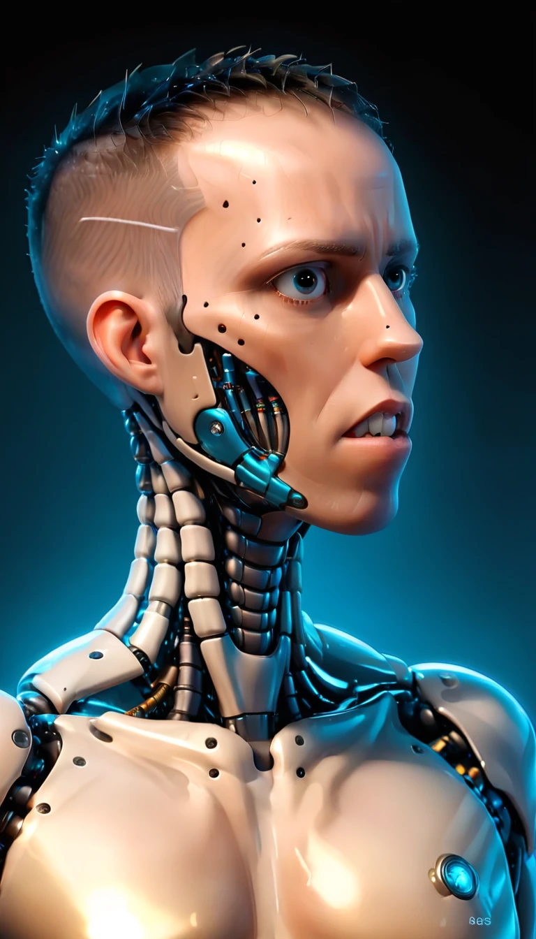 coopie, (Complex Professional 3D rendering:1.3) of (Ultra detailed:1.3) side profile, xray diagram deconstruction of a cyborg brain to machine interface, Highly detailed, Depth, Many parts, Lumen render, 8k x-ray style translucent bald head, clear skin, synthetic bone, blue Xray style on a pure black background,CGSociety,ArtStation