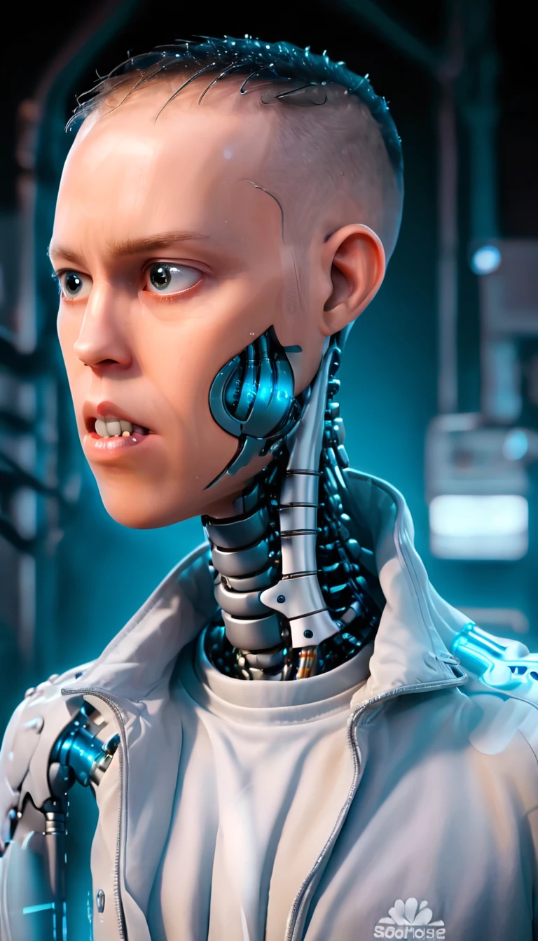 coopie, (Complex Professional 3D rendering:1.3) of (Ultra detailed:1.3) side profile, xray diagram deconstruction of a cyborg brain to machine interface, Highly detailed, Depth, Many parts, Lumen render, 8k x-ray style translucent bald head, clear skin, synthetic bone, blue Xray style on a pure black background,CGSociety,ArtStation