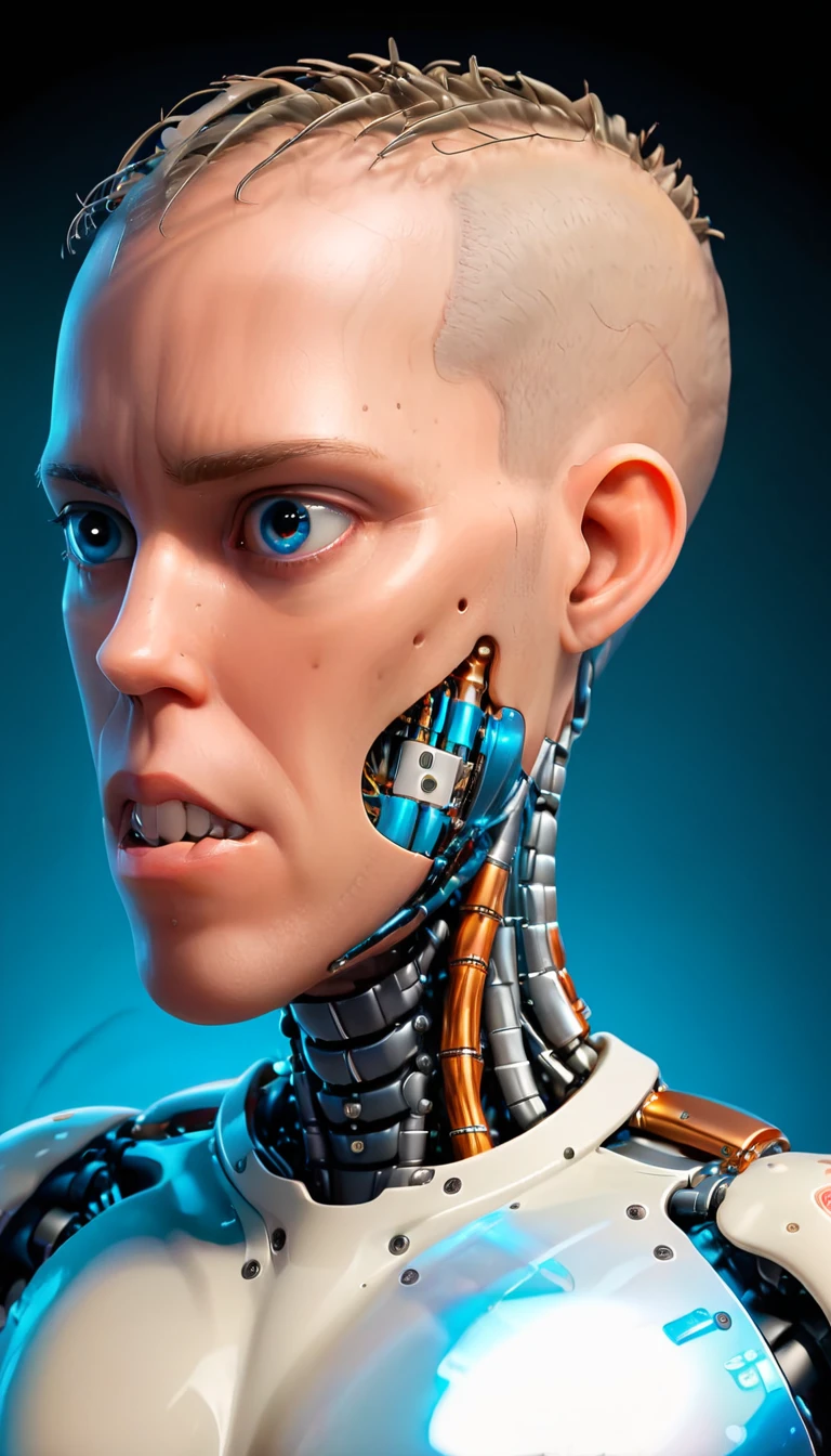 coopie, (Complex Professional 3D rendering:1.3) of (Ultra detailed:1.3) side profile, xray diagram deconstruction of a cyborg brain to machine interface, Highly detailed, Depth, Many parts, Lumen render, 8k x-ray style translucent bald head, clear skin, synthetic bone, blue Xray style on a pure black background,CGSociety,ArtStation