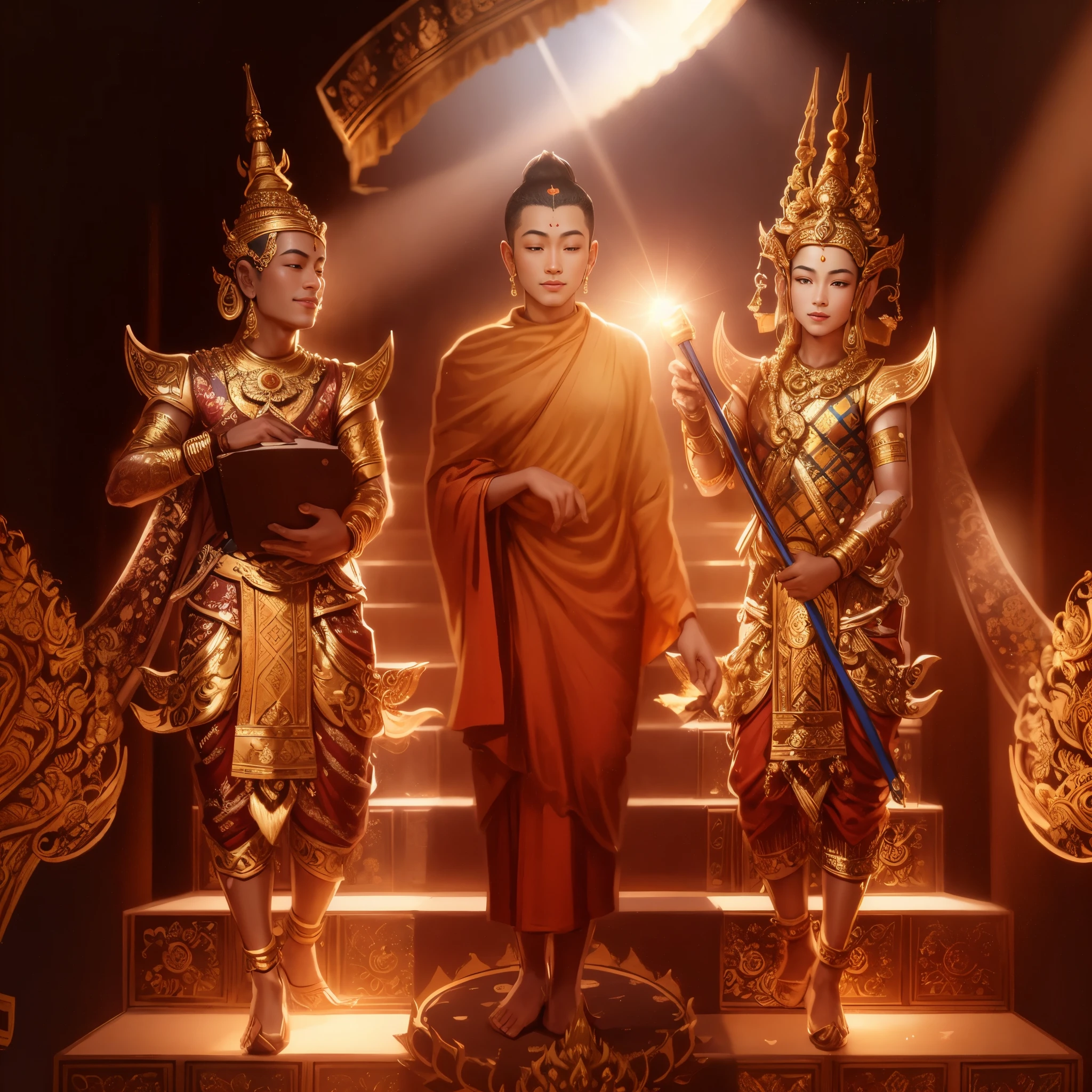there are three men standing on a set of steps with a sun in the background, buddhism, buddhist, samsara, puṣkaracūḍa, the buddha, attractive male deity, nivanh chanthara, patiphan sottiwilaiphong, on path to enlightenment, artist unknown, 3 spring deities