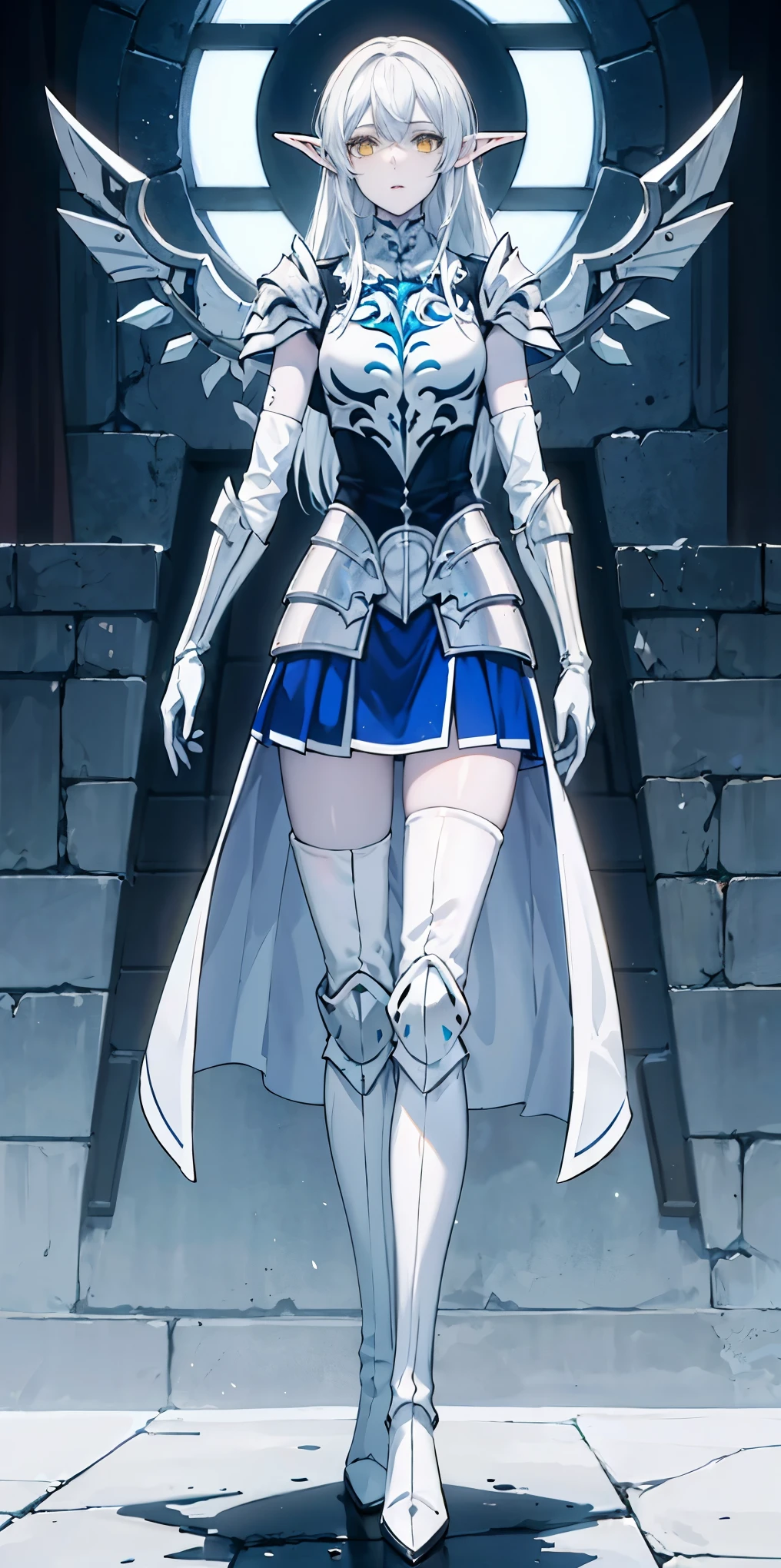 masterpiece, best quality, high quality, white SKIN elf, long hair, white hair, yellow eyes, full body, def_effie, blue breastplate, white skin, looking at viewer, shiny,armor, thighhighs, high boots,shoulder armor, faulds, poleyn, gloves, gauntlets