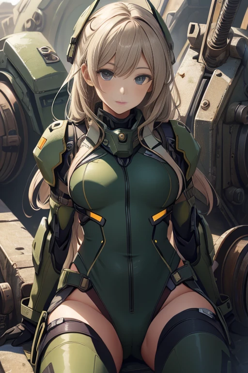 Beautiful female soldier in a green uniform holding a gun,tattered military gear, mechanized soldier girl, oversized mechanical exoskeleton arms and legs,girl in mecha armor,mechanized valkyrie girl,infantry girl,Barely Clothed, cammo patterns,(proportional face),(Neat face,detailed eyes),Beautiful Face,Volumetric Lighting,Reflections,Glossy,sitting with legs open,Full Body Shot,(complicated background),(Delicate images),(Photorealistic: 1.4),(Highly detailed),(high resolution),(Best quality),(masterpiece)
