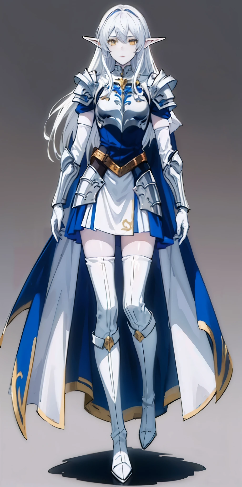 masterpiece, best quality, high quality, white SKIN elf, long hair, white hair, yellow eyes, full body, def_effie, blue breastplate, white skin, looking at viewer, shiny,armor, thighhighs, high boots,shoulder armor, faulds, poleyn, gloves, gauntlets