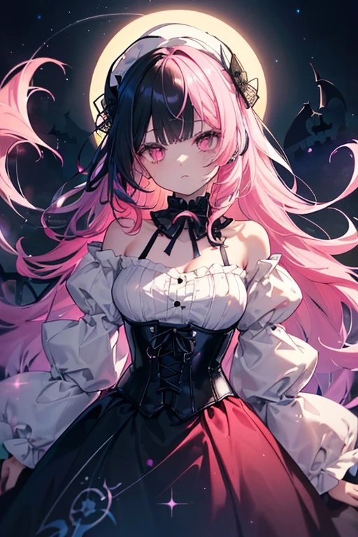 (((masterpiece, best quality))), (((Thick lines))), (((sharp focus))), ((1 woman, Ghost 소녀)), (((floating, multicolored hair, gradient hair, two tone hair, black hair, pink hair, red hair:1.2))), (((very long hair))), (((red sparkling eyes))), ((slanted eyes)), (Thick eyeliner), (dark eyeshadow), (((long eyelashes))), (Black lipstick), (((black choker))), (((Black lacey corset dress, long, puffy dress sleeves))), (((off shoulder dress))), (((medium chest))), (((sight, Ghost, night, starry sky, spooky mansion, graves, moon behind))), (((cowboy shot, atmospheric perspective))), Korean webtoon girl, big eyes, ombre lipstick, Cute face, egg shaped face, colored hair, Curly hair, straight hair, Pastor 1, ombre, ombre hair, better clothes, Detailed clothing, Perfect clothes, add_Detail:0.5, add_Detail:1, add_Detail:1, add_Detail:0, add_Detail:2, ink animation, ((make shine)), (glo art), Pastor 1, colorful mix, multicolored hair, wavy hair, MKSKS, make shine,