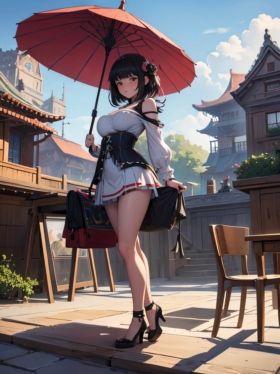 Lebbeus Woods, Paul Klee, Giorgio de Chirico, Surreal, mysterious, bizarre, fantastical, fantasy, Sci-fi, Japanese anime, Ferris wheel, Roman wooden architecture, beautiful girl in a miniskirt, perfect voluminous body, stacked spheres, cubes, cones, triangular prisms, desks, chairs, umbrellas, towers of objects, detailed masterpiece low angles perspectives Hyper realistic sharp focus zoom in solo girl sexy erotic provocative seducing sensual embarrassed shy blushing happy scared real