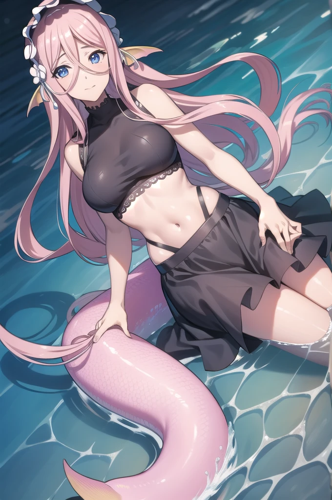 loreleimeroune, lorelei meroune, blue eyes, drill hair, fins, hair between eyes, head fins, long hair, mermaid, monster girl, pink hair, pointy ears,
BREAK maid, maid headdress, official alternate costume, scales, webbed hands,
BREAK looking at viewer,
BREAK outdoors, beach, ocean, submerged,
BREAK (masterpiece:1.2), best quality, high resolution, unity 8k wallpaper, (illustration:0.8), (beautiful detailed eyes:1.6), extremely detailed face, perfect lighting, extremely detailed CG, (perfect hands, perfect anatomy),