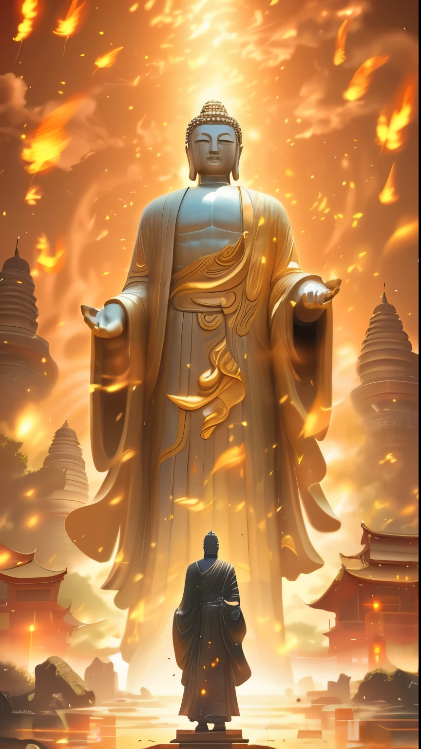 Chinese style,in the distance, A huge and tall Buddha statue stands in the sky,Stare at the Earth,standing Buddha statue,Glowing light,glow effect,pilgrims on the road,surreal,Super real photos,real photography,8K,HD,high quality,masterpiece,Super fine,Chinese black and white ink style,(((White))),decolorization,soil,ink,8K,Super fine,high quality,(((Overclocked renderer)))