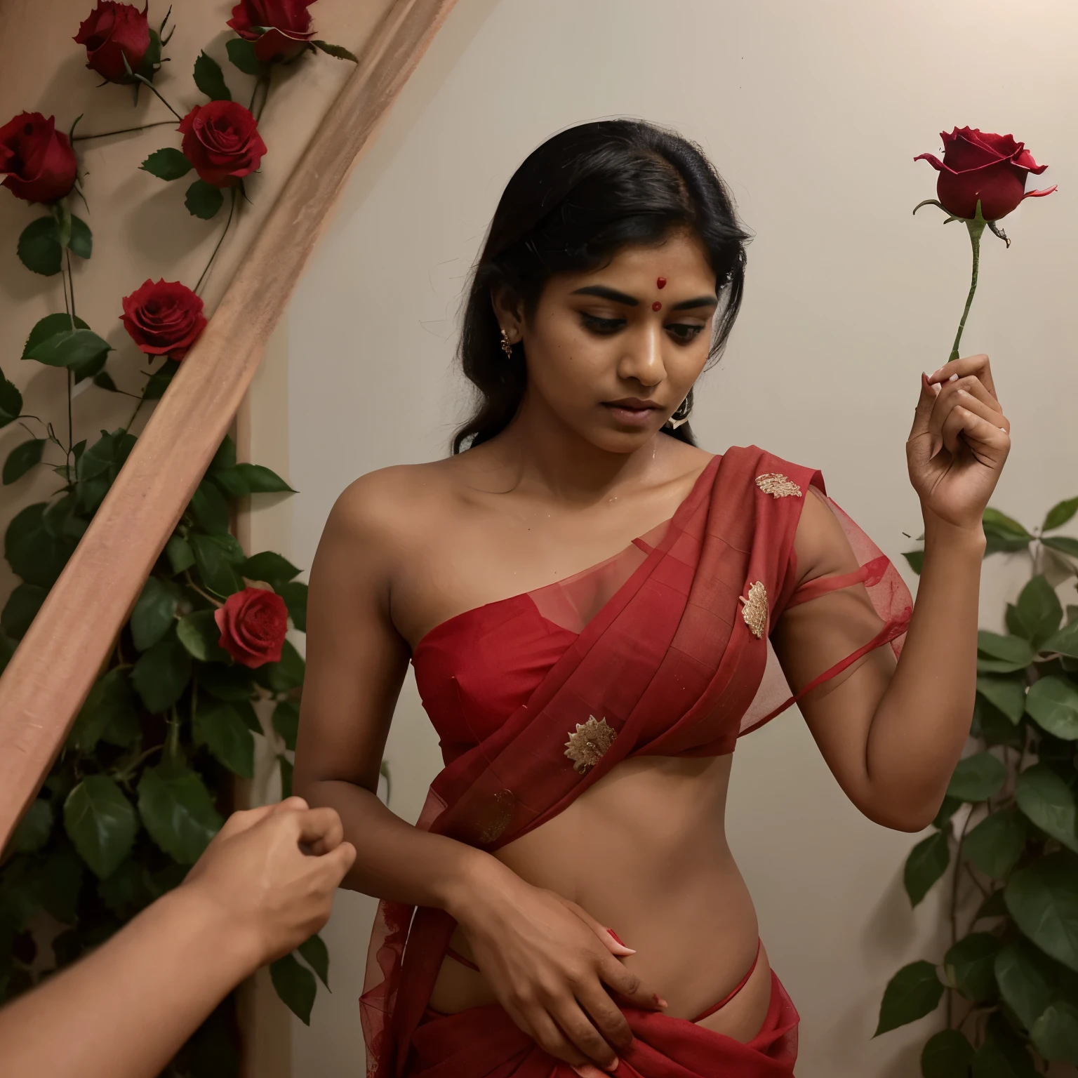 Indian boy is putting red rose in women hairs who is wearing saree