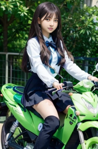 anime girl sitting on a green motorcycle with a blue flower in her hair, anime visual of a cute girl, anime moe artstyle, cute anime girl, smooth anime cg art, anime style 4 k, beautiful anime high school girl, anime best girl, young anime girl, pretty anime girl, beautiful anime girl, high quality anime artstyle, (anime girl)