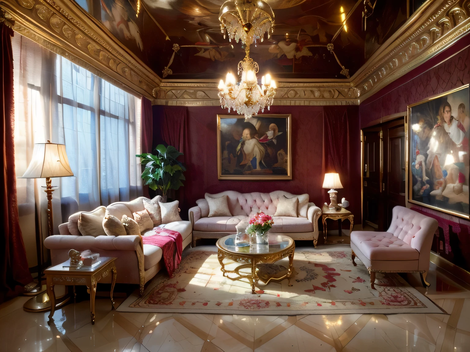 (a refined rétaurant  room experience), a girl stepped into the living room, feeling as if she entered an exquisite art gallery. The ceiling is high, adorned with modernist oil paintings that are vibrant and full of life. The sofa is upholstered with top-grade velvet material, providing a touch as soft as silk. Cloud-shaped chandeliers and marble sculptures intertwine, creating an atmosphere of art and luxury. The decorative pieces are thoughtfully arranged, each resembling a masterpiece created by an artist. In this meticulously designed space, I couldn't help but be captivated by the unique charm of art. (best quality,4k,8k,highres,masterpiece:1.2),ultra-detailed,(realistic,photorealistic,photo-realistic:1.37), sophisticated colors, vivid hues, studio lighting