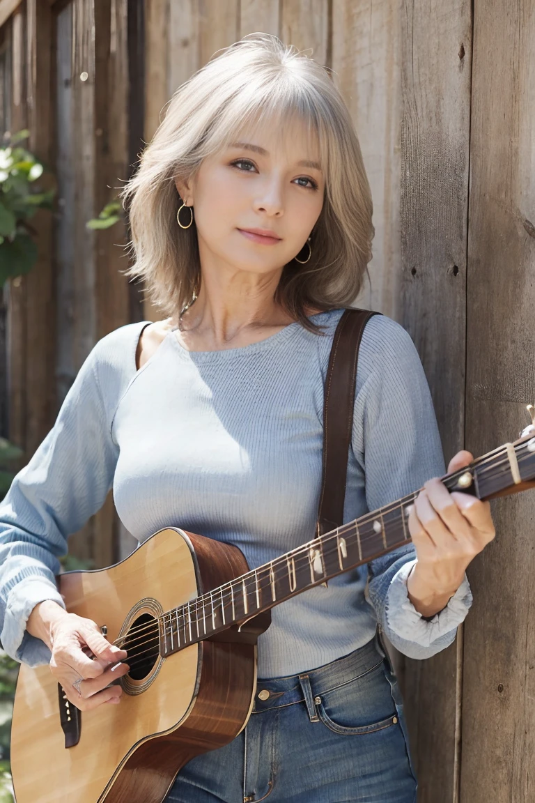 Beautiful 60 year old woman in a tank top and jeans,Strumming a folk guitar