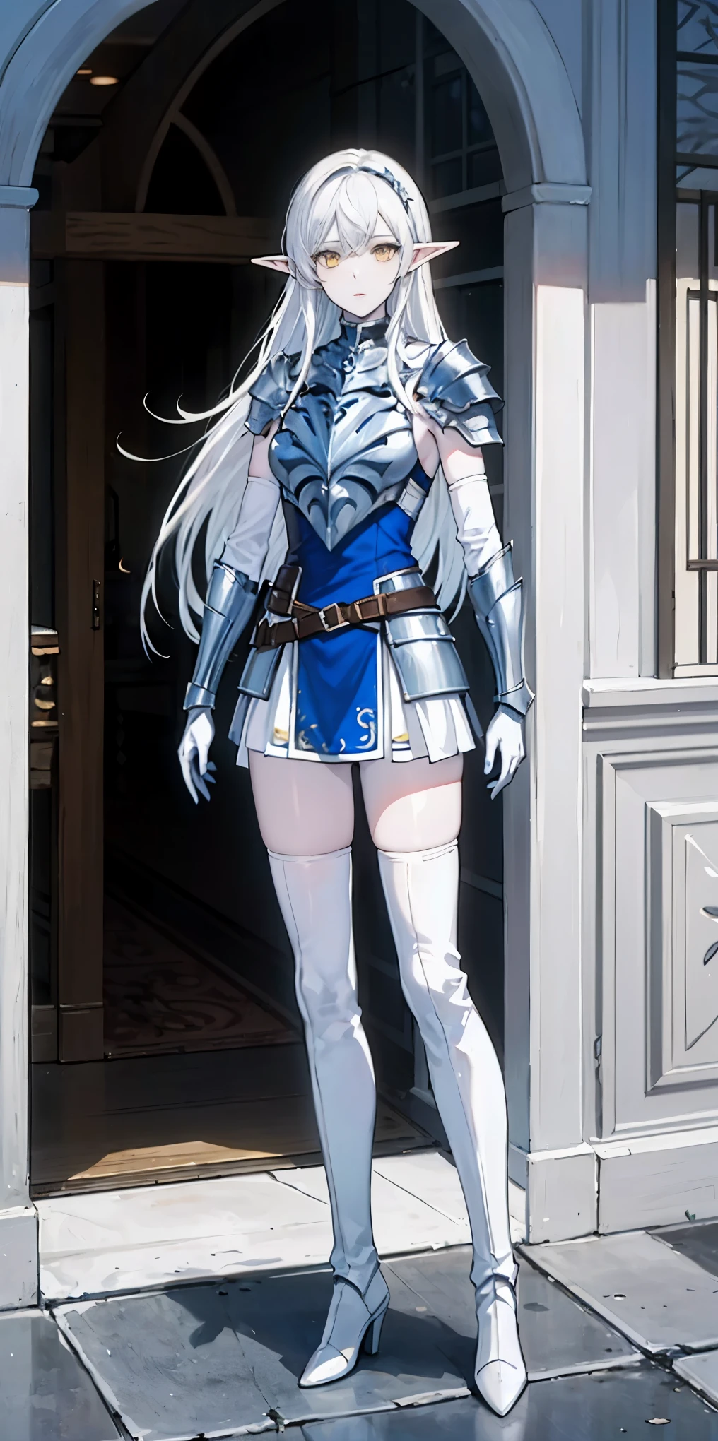 masterpiece, best quality, high quality, white SKIN elf, long hair, white hair, yellow eyes, full body, def_effie, blue breastplate, white skin, looking at viewer, shiny,armor, thighhighs, high boots,shoulder armor, faulds, poleyn, gloves, gauntlets