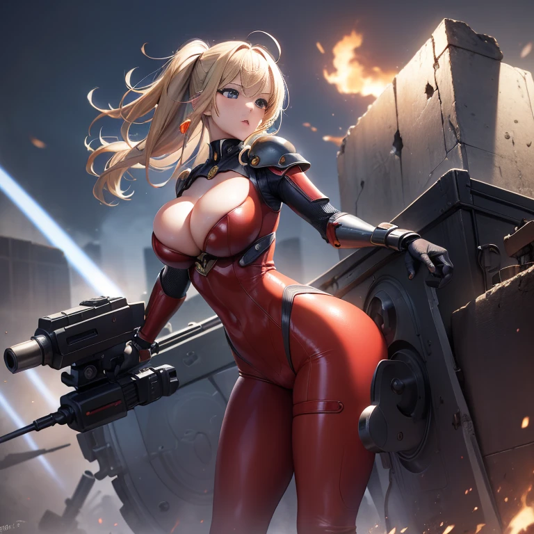 A very energetic Retrouse , (A very energetic Retrouseのとがった乳首:1.0), (A very energetic Retrouseのとがった乳輪:1.0), (Wearing a mechanical armor suit:1.3), Visible navel, Visible thighs, (Focused on a small dynamic 21 year old woman with a laser gun:1.3), (A woman dynamically aiming a laser gun at enemy troops:1.3), (Detailed Warzone battle backgrounds:1.3), (petite and short stature:1.0), (thin waist:1.1), (blondeのポニーテール), (dynamic action angles:1.3), (Laser gun with realistic and accurate details :1.3), (Surrealistic intricate sharp details:1.2), (contrasting light:1.2), (it's raining:1.2), (Wet:1.4), (at night:1.2), (Accurate reflections:1.2).camel toe、huge tit、nipple puff、cleavage、Psycho Gun、cobra、(Red Suit、blonde)、片腕がPsycho Gun、spiritual energy、earrings、earrings、necklace、thick lips、heterochromia、bangles、Caster wheel、first round、hair charm、lip gloss、shoot、Plump、Super big breasts、