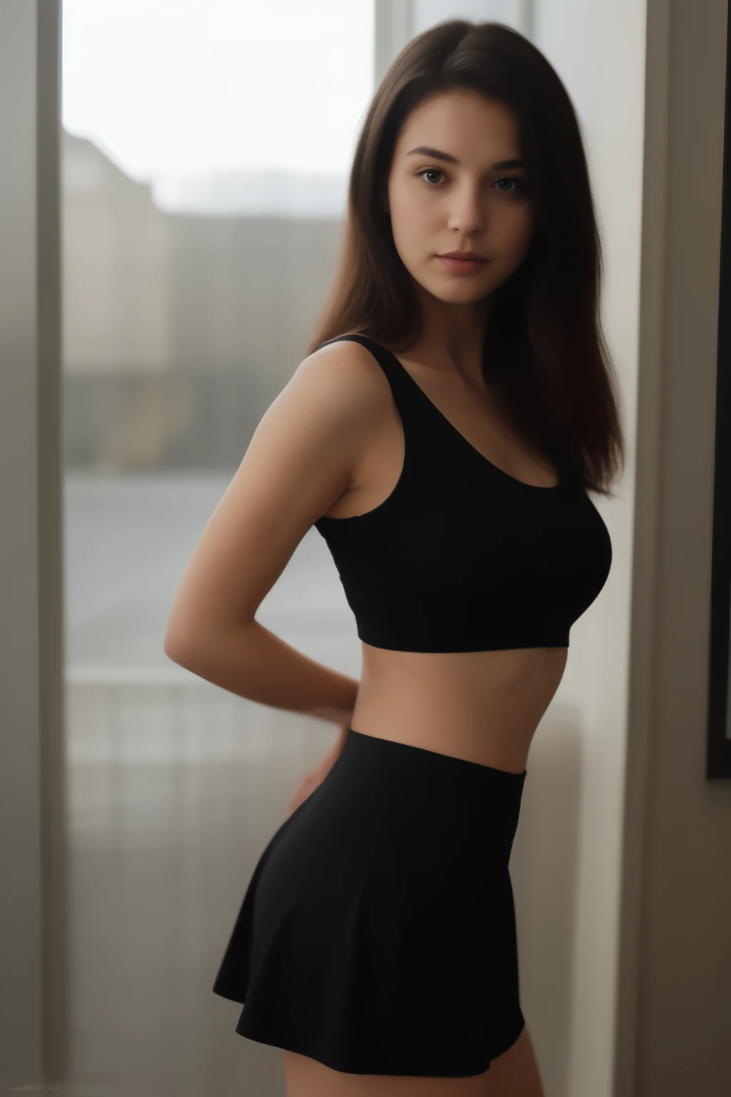 panties_to_the_side, a woman in a black top and skirt posing for a picture ,hold tower and give photo pose