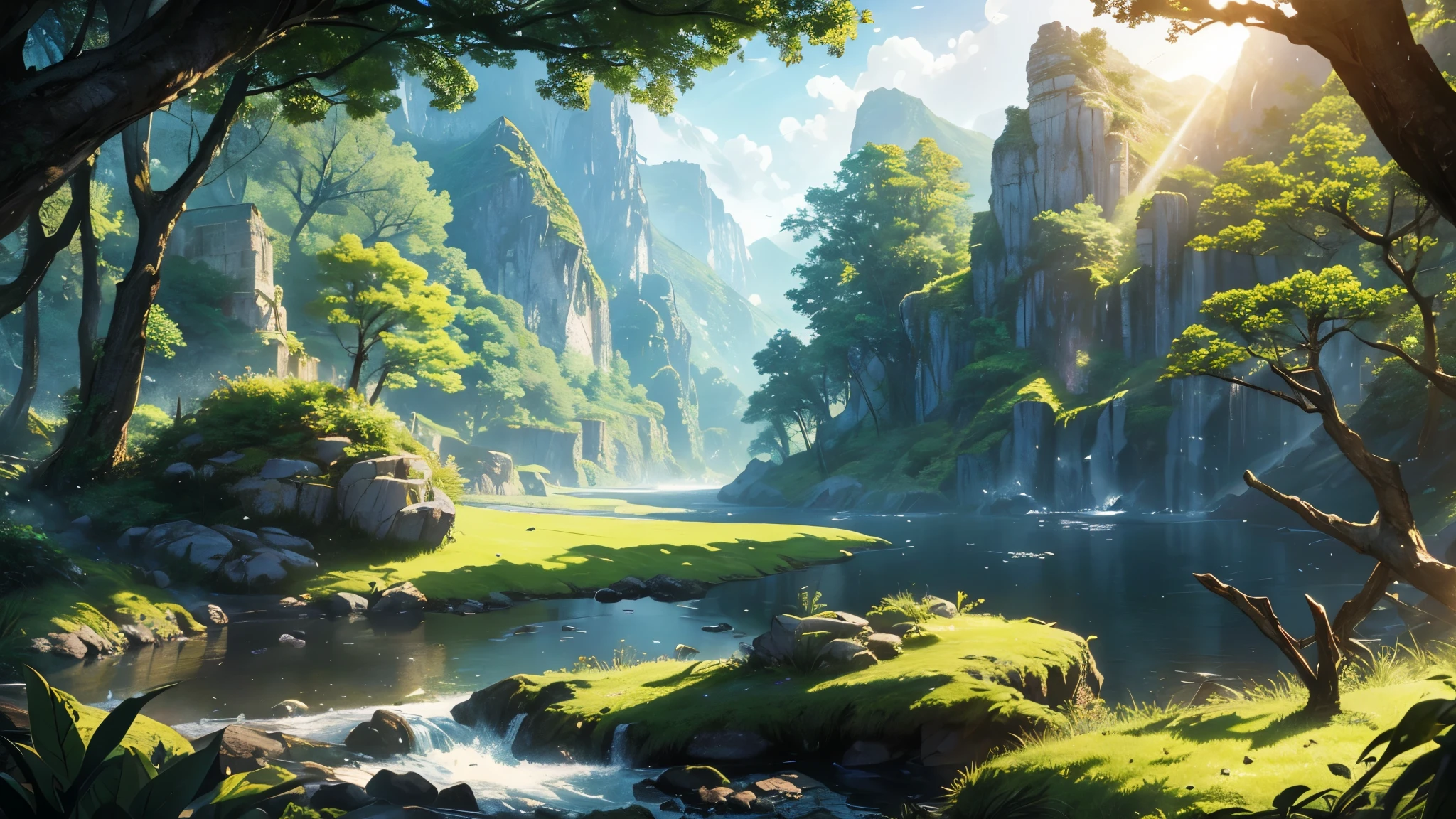 highest quality: 1.0), (ultra high resolution: 1.0),illustration、fantasy、Dragon and 、background、landscape、in a mysterious forest、majestic mountain、sunlight filtering through the foliage