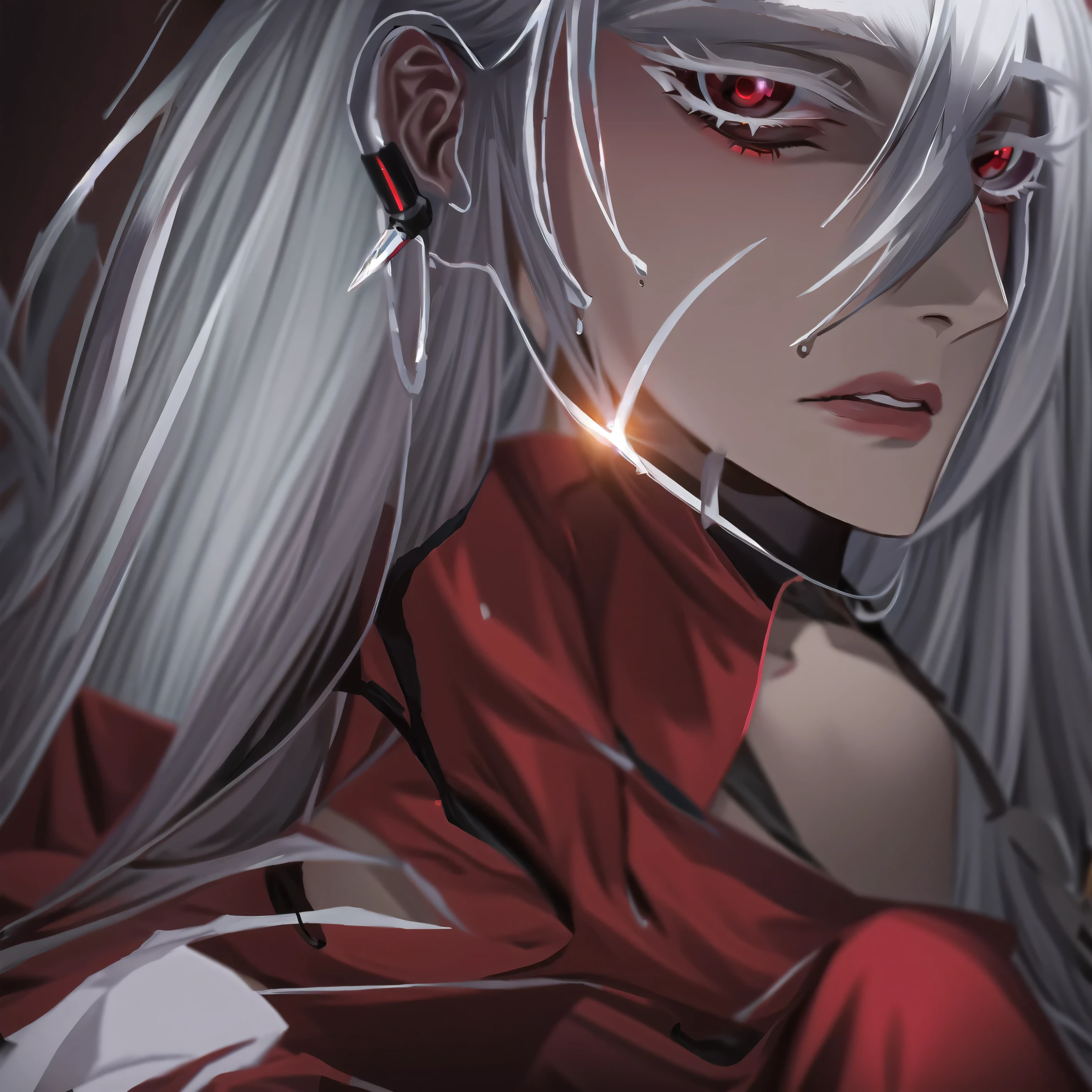 anime girl with long white hair and red dress with red eyes, son of sparda, tifa lockhart with white hair, gapmoe yandere, handsome guy in demon slayer art, gapmoe yandere grimdark, white haired deity, silver hair (ponytail), alucard, white haired, shiro from deadman wonderland, portrait gapmoe yandere grimdark
