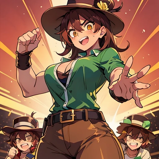 Women,muscular,toned, muscular,elegant,brown hair, yellow eyes,Green top hat,manos de luchadora,solo,sonrisa rabiosa,brown pants,Button-up shirt,fighting pose,Open hands towards the viewer ,Belt at the waist ,Mole on the face,Pink ribbon on the hat, open mouth, please,Wrestling ring, flower in the hat 