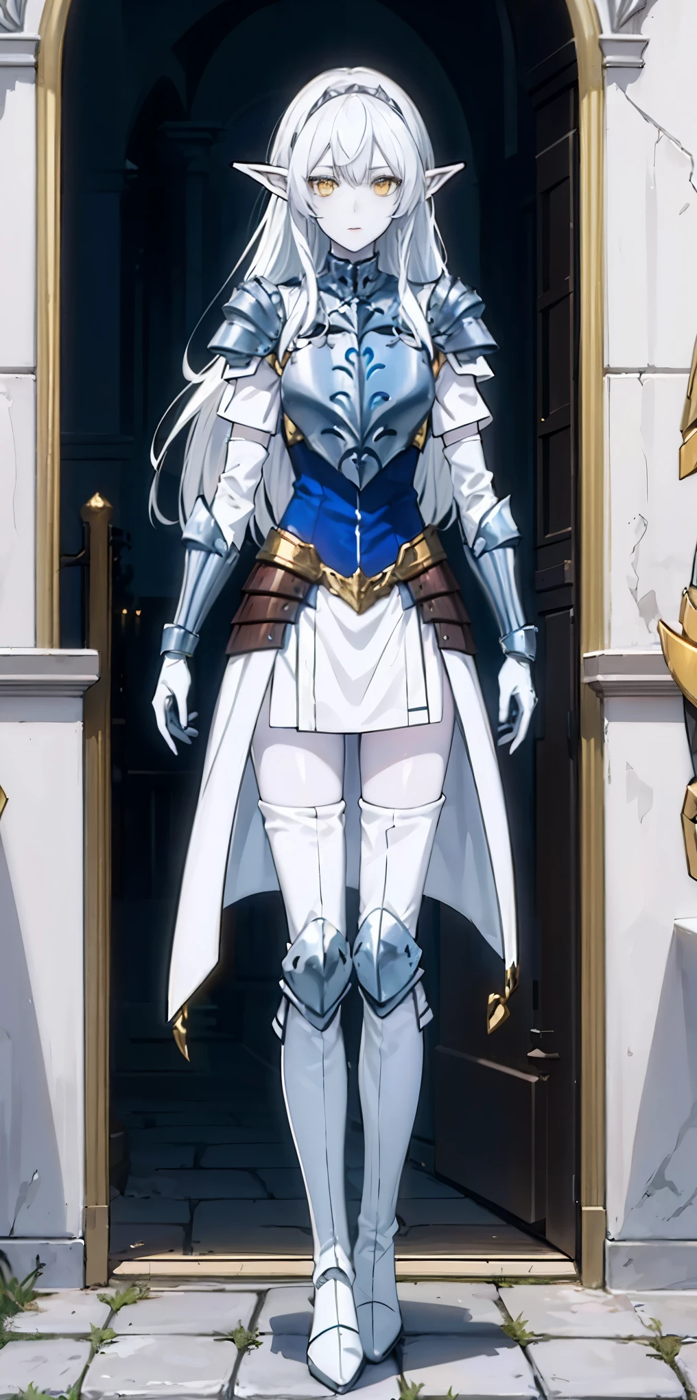 masterpiece, best quality, high quality, white SKIN elf, long hair, white hair, yellow eyes, full body, def_effie, blue breastplate, white skin, looking at viewer, shiny,armor, thighhighs, high boots,shoulder armor, faulds, poleyn, gloves, gauntlets