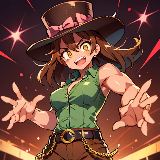 Women,muscular,toned, muscular,elegant,brown hair, yellow eyes,Green top hat,manos de luchadora,solo,sonrisa rabiosa,brown pants,Button-up shirt,fighting pose,Open hands towards the viewer ,Belt at the waist ,Mole on the face,Pink ribbon on the hat, open mouth, please,Wrestling ring, flower in the hat
