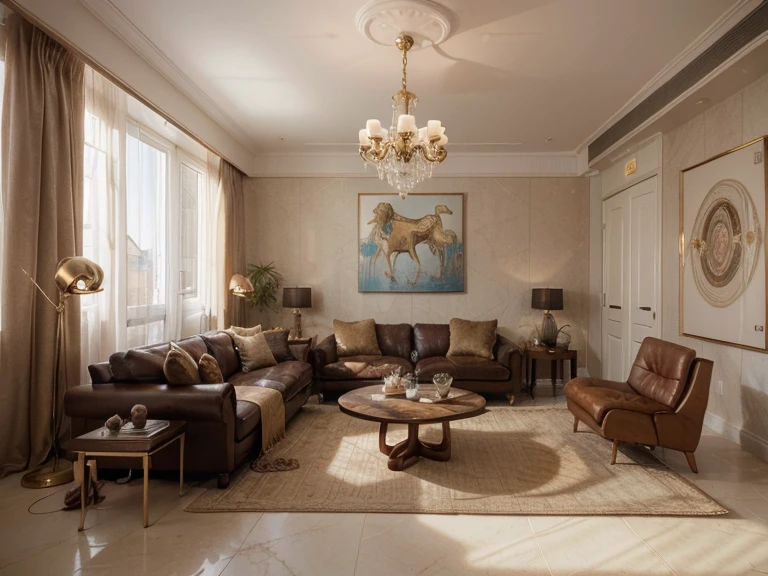 (a refined rétaurant  room experience), a girl stepped into the living room, feeling as if she entered an exquisite art gallery. The ceiling is high, adorned with modernist oil paintings that are vibrant and full of life. The sofa is upholstered with top-grade velvet material, providing a touch as soft as silk. Cloud-shaped chandeliers and marble sculptures intertwine, creating an atmosphere of art and luxury. The decorative pieces are thoughtfully arranged, each resembling a masterpiece created by an artist. In this meticulously designed space, I couldn't help but be captivated by the unique charm of art. (best quality,4k,8k,highres,masterpiece:1.2),ultra-detailed,(realistic,photorealistic,photo-realistic:1.37), sophisticated colors, vivid hues, studio lighting