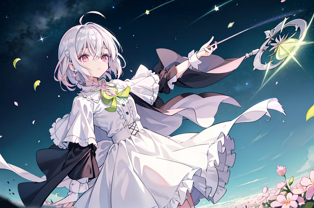 (best quality), (top-quality), (hight resolution), 8K images, (masterpiece), ((perfect face)), (detailed face), (detailed eyes), (clear lines), hair strand,Light skin, ((1girl)), (solo), beautiful fantasy anime, top rated on pixiv, ((short hair)), (expressive eyes), (perfect eyes), (((light_pink eyes))), perfect face, smiling, (white silver hair), (white hair), braided bangs, wind blowing hair, hair over eyes, earrings, {{{{{{{super flat chest}}}}}}}, {{{{{{{flat chest}}}}}}}, (flat chest), ((holding an magical ice scepter in hand)), (aiming), (little silver tiara), (((lime green collar shirt))), (((lime green outfit))), ((cape)), (frilly outfit), (ta style), (loliashion), (cherry blossom), (many crystals), vintage style, (broken crystals), (in a gemstone sea), (night sky with full of stars), (magic circles), game spash art, fantasy, modern art, cool light --ar 3:2, (wide shot), excited pose