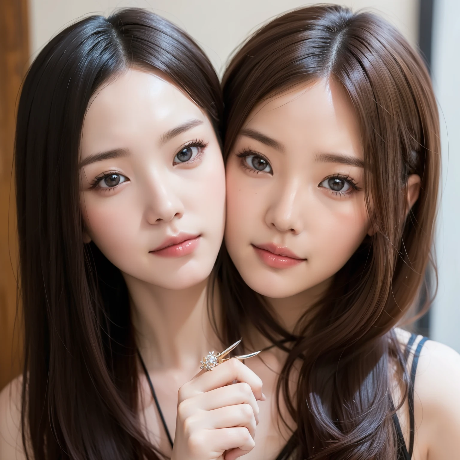(2girl:1.3), masterpiece, best quality, ultra-detailed, intricately detailed hyperdetailed, realistic, sharp features, highly detailed, sharp focus, (close-up:1.1), Attractive 2 Japanese woman Pictures, (18 years old:1.3), perfect face, perfect symmetrically eyes, perfect full lips, hyper detailed, hyper realistic, high resolution, Fashion Model, Slender, Japanese Idol, brown hair, Stylish, Realistic, Photorealistic:1.3, Beautiful Face, light brown hair, messy hair, asymmetrical bangs, (hug each other:1.2), (seductive smile:1.2),