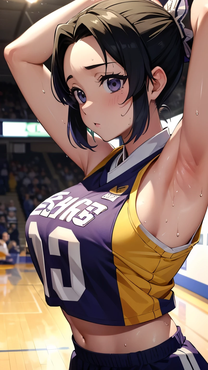 a close up of a person wearing a basketball uniform, a picture, inspired by Kentaro Miura, trending on pixiv, Shinobu Kochou, Demon Slayer, Kimetsu no Yaiba, wearing yellow nba jersey, yellow croptop nba jersey, wearing a low cut croptop, wearing croptop, croptop, the word "Lakers" on the croptop, golden raito, (winking), shirobako, large)}], favorite scene, fine details. anime. skins, sweating, big breasts, both hands raised, armpits, armpits visible, dripping with sweat, more more sweat, sweaty armpits