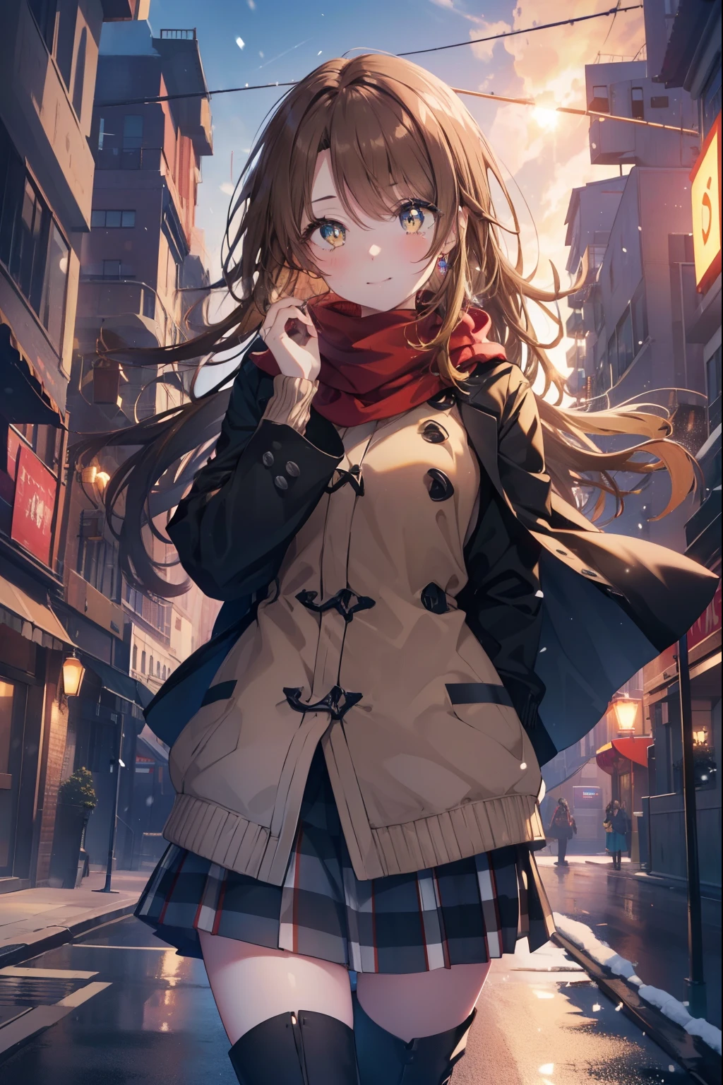 irohaisshiki, Isshiki Iroha, long hair, brown hair, (brown eyes:1.5), smile,blush,yellow long coat,sweater,red muffler,ankle length black long skirt,black tights,short boots,winter,that&#39;It&#39;s snowing,
break outdoors, city,building street,
break looking at viewer,
break (masterpiece:1.2), highest quality, High resolution, unity 8k wallpaper, (shape:0.8), (beautiful and detailed eyes:1.6), highly detailed face, perfect lighting, Very detailed CG, (perfect hands, perfect anatomy),