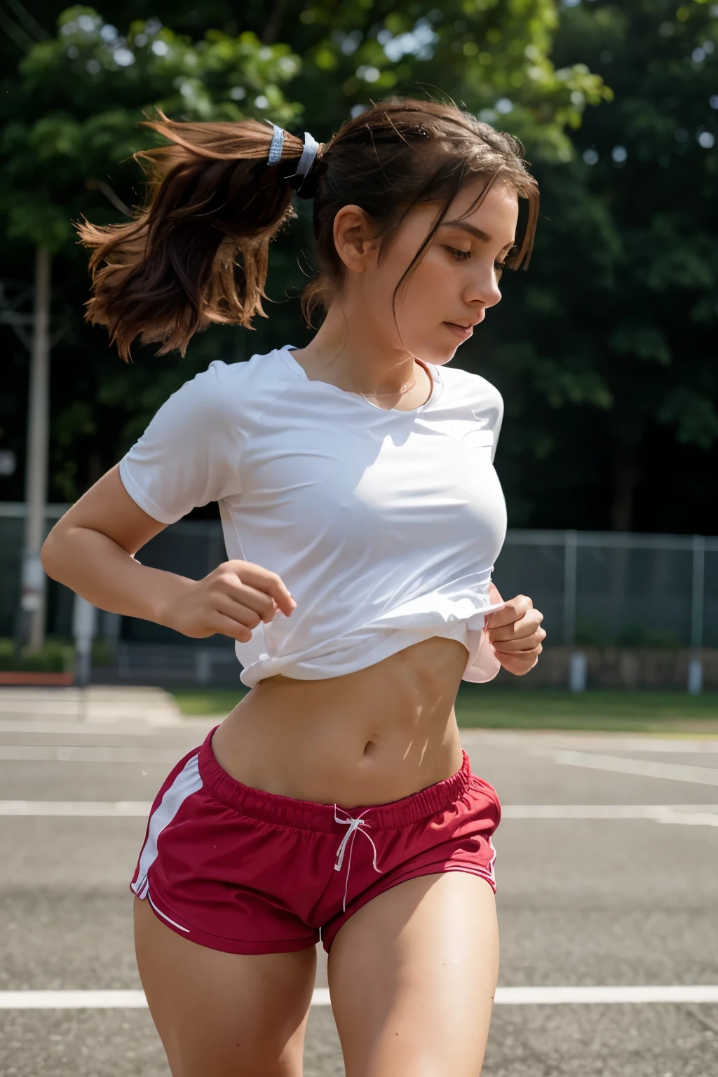 1 girl, solo, running, Gray Track Top, pink shorts, ponytail, athletic build, dynamic brushstrokes, fluid movement, capturing the essence of her athleticism and energy, using light colors and soft tones to create a dreamy and ethereal atmosphere, portraying the motion and grace of running, showing the wind blowing her ponytail and clothes, and the scenery of her surroundings. outdoors, detailed background, Modern metropolis,
