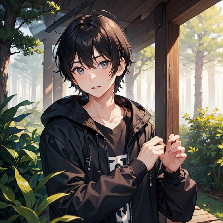 masterpiece, best quality, cabin, forest, outdoor, looking at viewer, upper body, 1boy, black hair, short hair, male hair, messy hair, grey eyes, grey jacket, cyan shirt, nervous