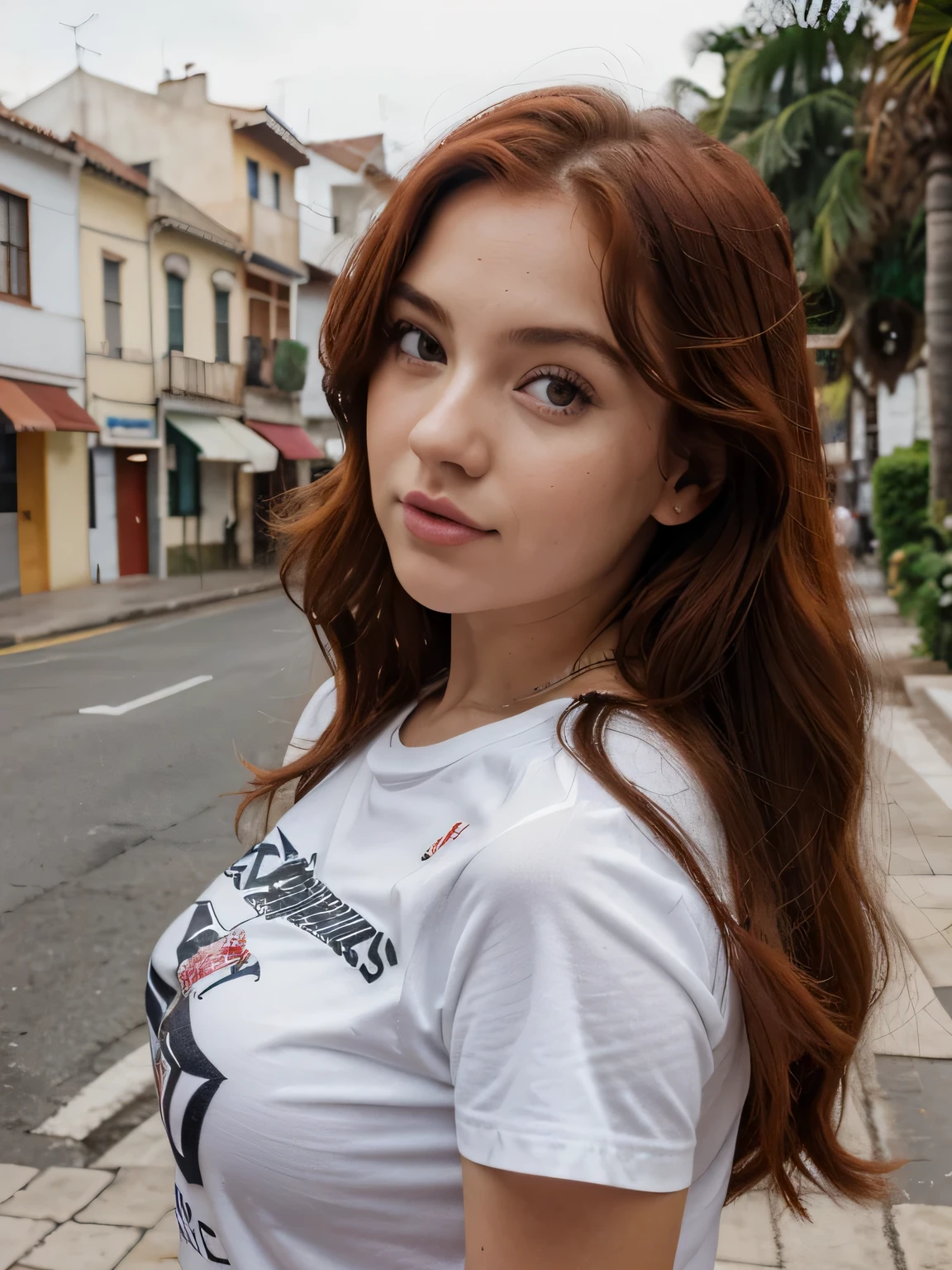 young girl of 25 years with long red hair with waves,con curvas notables, pecho grande, ojos marrones oscuros y labios gruesos, y sacando la lengua .modelo urbano de instagram con ropa camiseta transpararente, medias y de pie, posando con estilo, elegante, figura curvy, realistic photography, de pie delante de la ventana. cubierta con una sabana blanca. primer plano