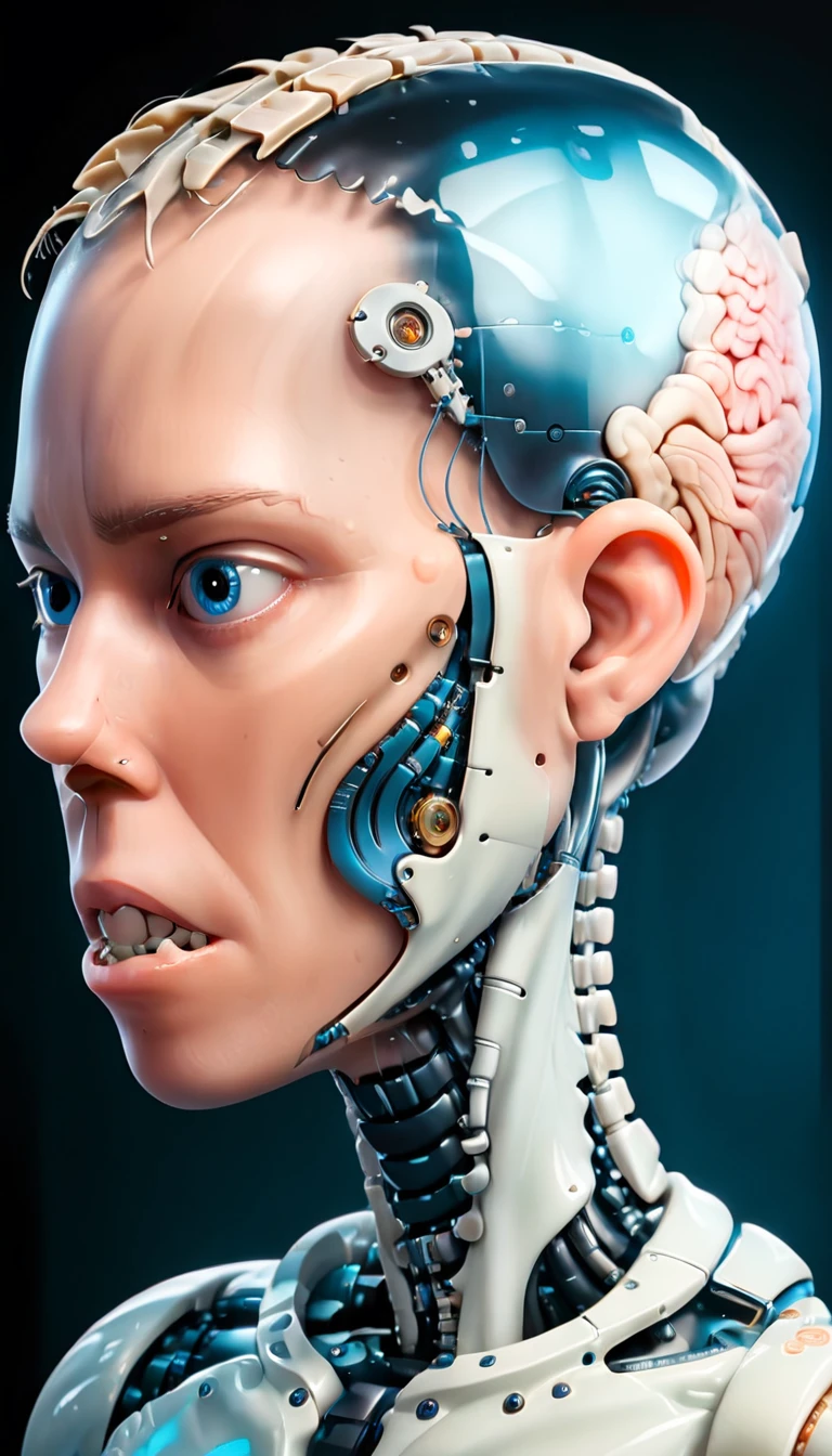 coopie, (Complex Professional 3D rendering:1.3) of (Ultra detailed:1.3) side profile, xray diagram deconstruction of a cyborg brain to machine interface, Highly detailed, Depth, Many parts, Lumen render, 8k x-ray style translucent bald head, clear skin, synthetic bone, blue Xray style on a pure black background,CGSociety,ArtStation