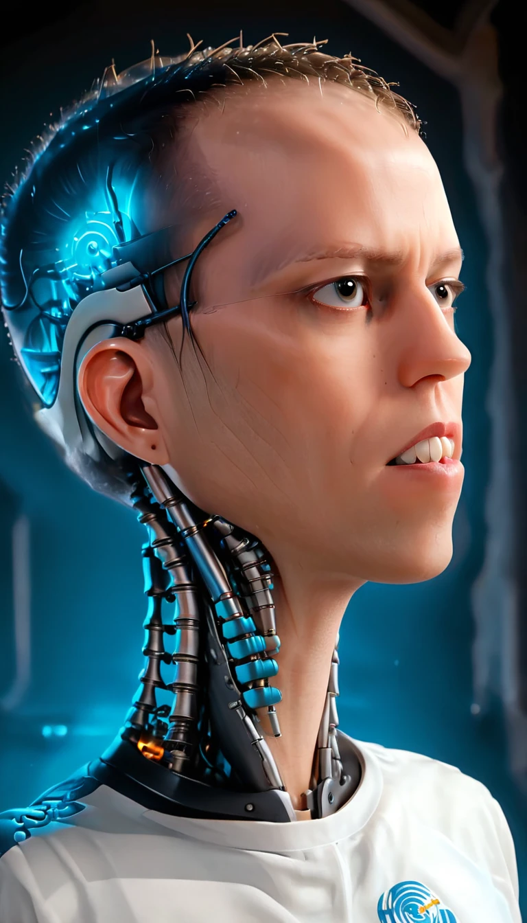 coopie, (Complex Professional 3D rendering:1.3) of (Ultra detailed:1.3) side profile, xray diagram deconstruction of a cyborg brain to machine interface, Highly detailed, Depth, Many parts, Lumen render, 8k x-ray style translucent bald head, clear skin, synthetic bone, blue Xray style on a pure black background,CGSociety,ArtStation